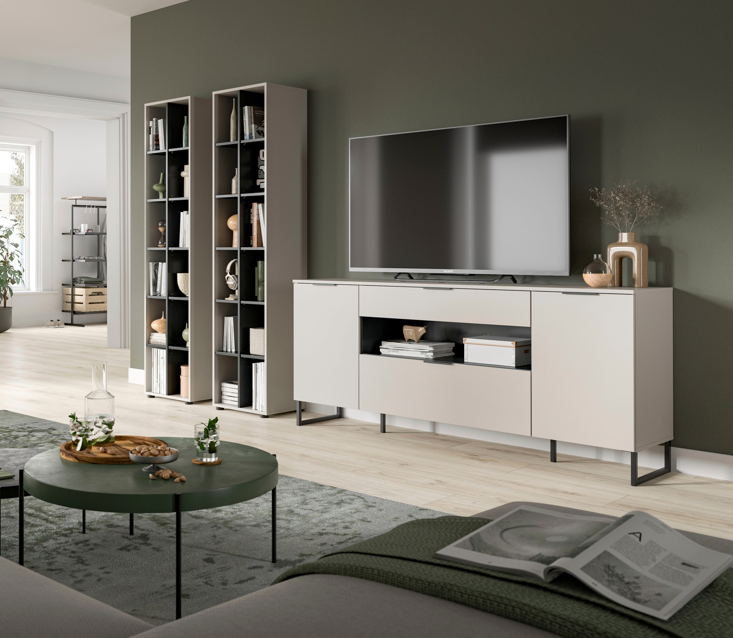 INOSIGN Wohnwand »ADIO, Breite 305 cm, 3-teiliges Set, mit Metall-Kufenfüße« Set, bestehend aus: 2x Standregal und Sideboard, 3 Stk. tlg.