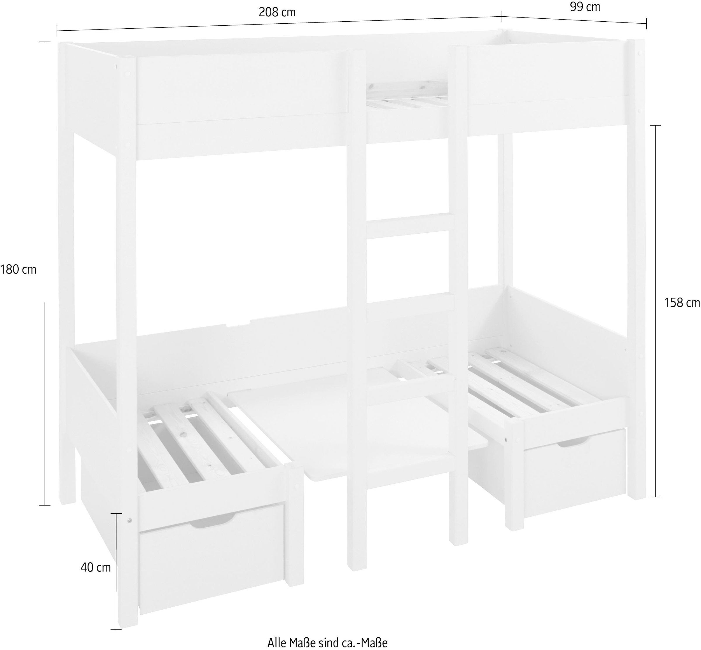 Lüttenhütt Etagenbett »Stockbett "TIPO", Topseller! Inklusive unterer Auflagen, 90x200cm«, viel Stauraum, Massivholz,inklusive Tisch,2 Schubkästen,2 Schlafplätze