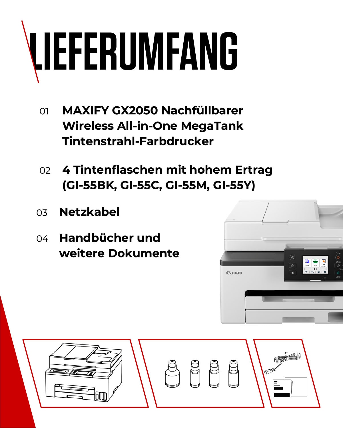 Canon Multifunktionsdrucker »MAXIFY GX2050« 4in1 Tintenstrahl-Multifunktionsgerät inkl. 2 Tintenflaschen (schwarz)