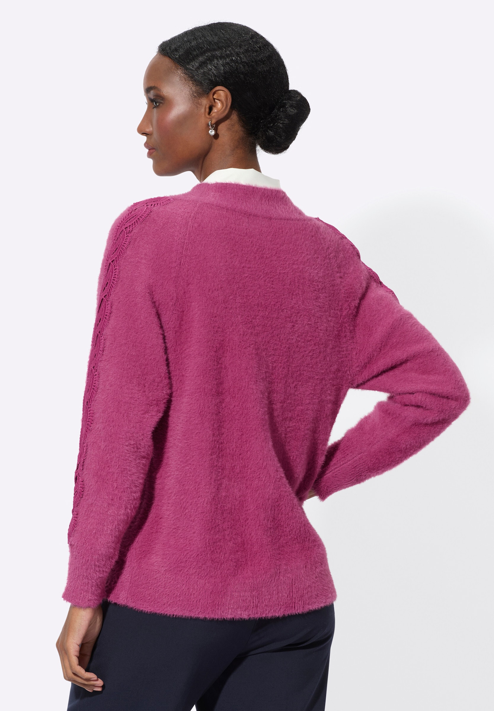 creation L Strickjacke »Strickjacke Feinstrickjacke mit Spitzenband in Flecht-Optik«