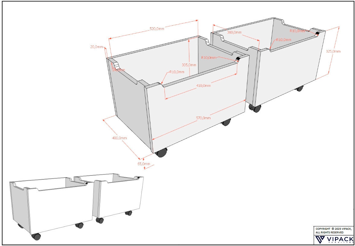 Vipack Container »auf Rollen (2-er Set), aus hochwertigem Massivholz, 2 Ausführungen« das Innenmaß von ca.: B: 52xH: 30,5xT: 36cm bietet viel Stauraum,  universell und durch die Rollen flexibel in Räumen einsetzbar