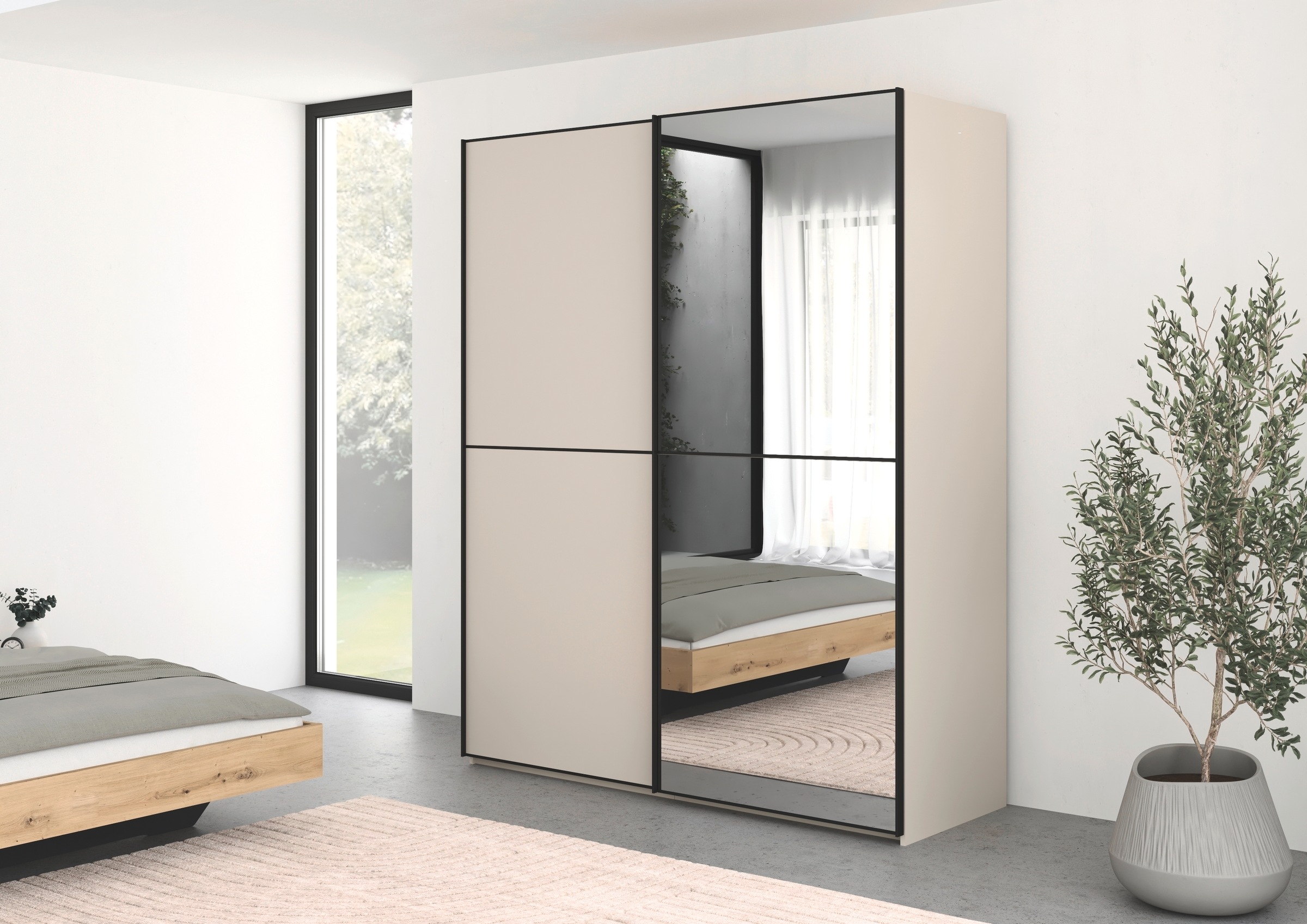 rauch Schwebetürenschrank »Kleiderschrank Schrank Garderobe Schlafzimmerschrank SCALE-DUO«, edle zweigeteilte Türen, Spiegel und 3 Zierleisten MADE IN GERMANY