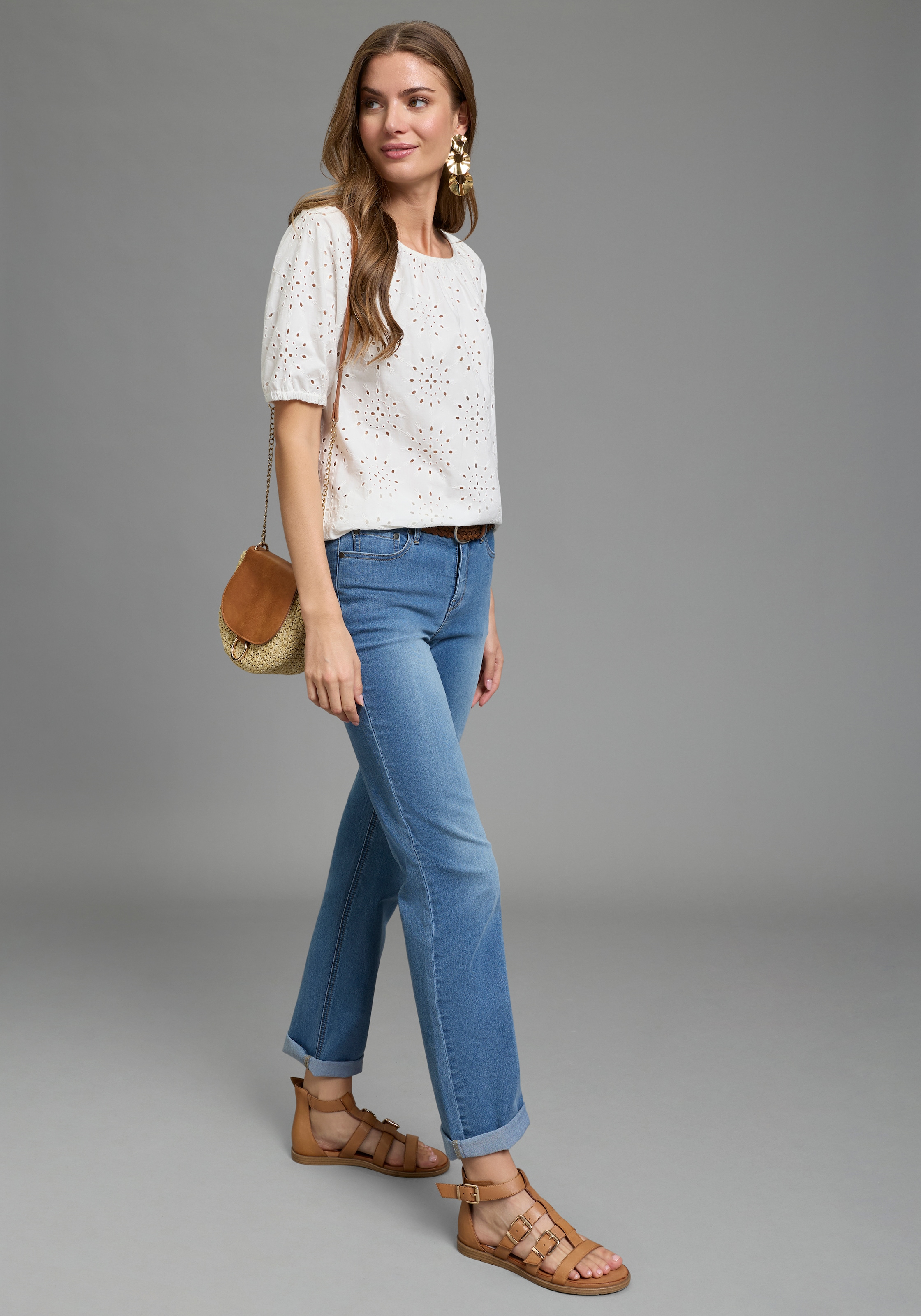 Laura Scott Schlupfbluse mit echter Lochstickerei, aus Baumwolle