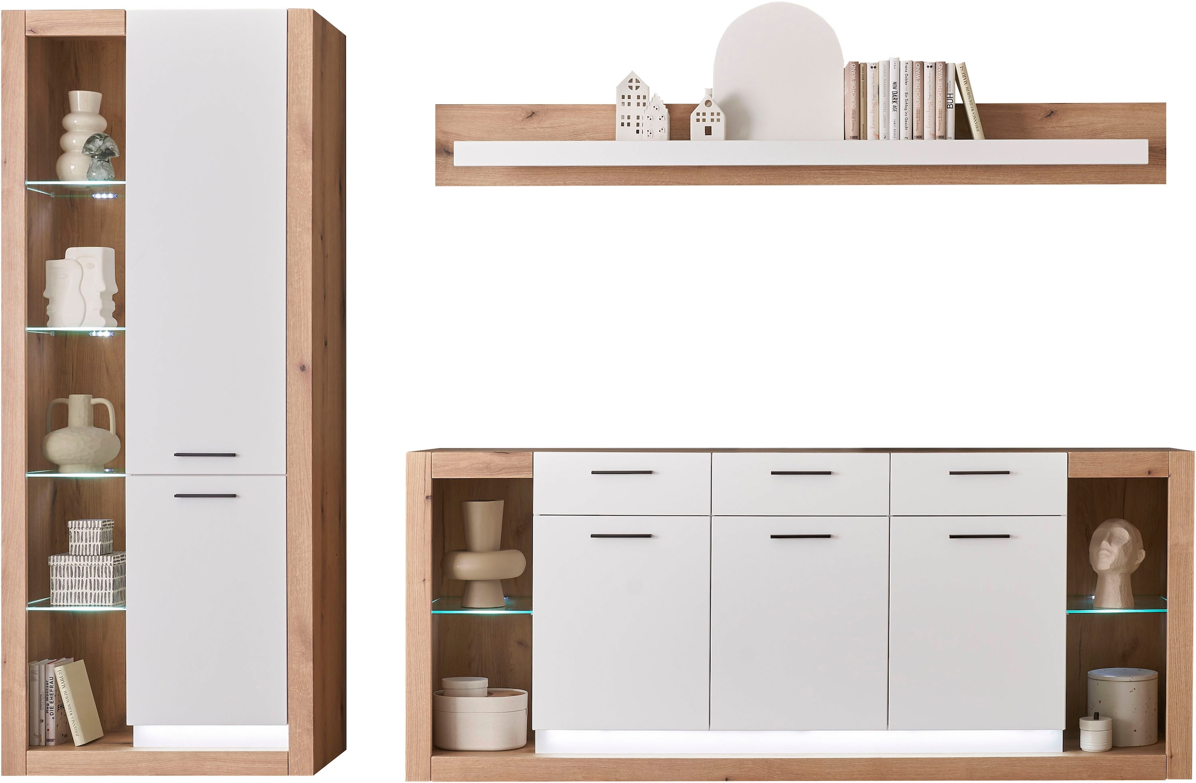 INOSIGN Wohnwand »Brixen, moderne Anbauwand, Wohnzimmer-Set, Eiche Evoke Dekor mit Weiß«, (Set, 3 St.), enthält Stauraumelement, Sideboard und Wandboard
