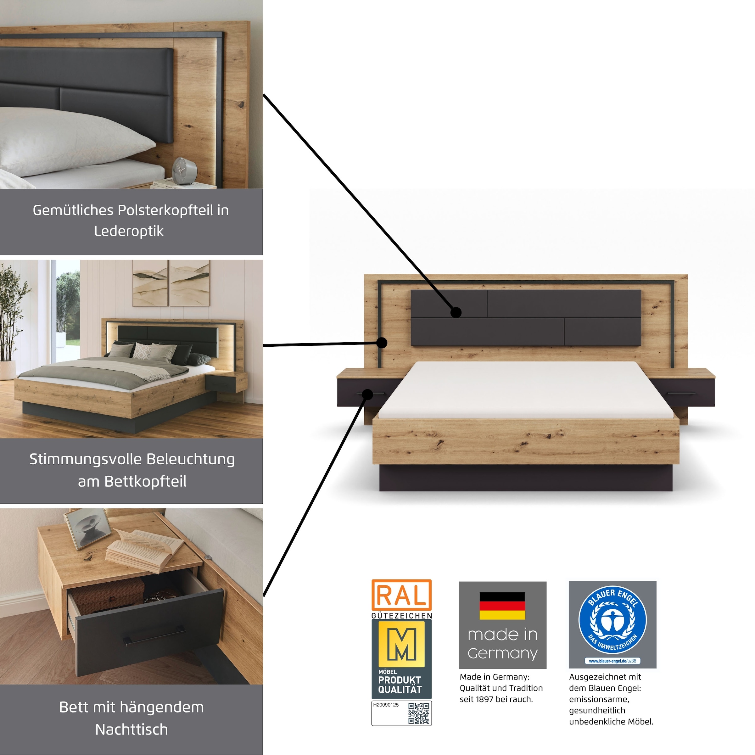 rauch Bettanlage »Bett Doppelbett Komortbett BILBAO-EXTRA« Set, Liegefläche 160x200 oder 180x200 cm, 3 tlg. tlg. Polster-Kopfteil in Lederoptik basalt, mit Beleuchtung MADE IN GERMANY