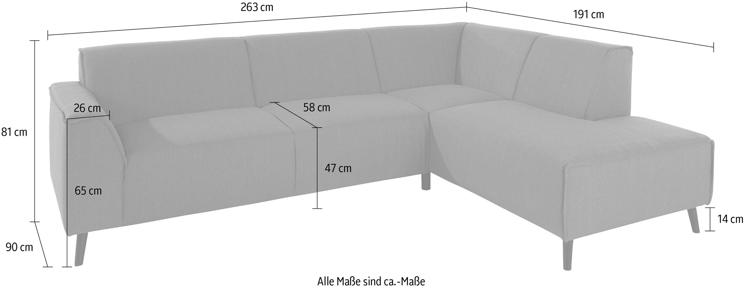 DOMO collection Ecksofa »Amora, inkl. Federkern für mehr Sitzkomfort, Breite 263cm, L-Form« Komfortsitzhöhe 47 cm, Fußhöhe passend für gängige Saugroboter!
