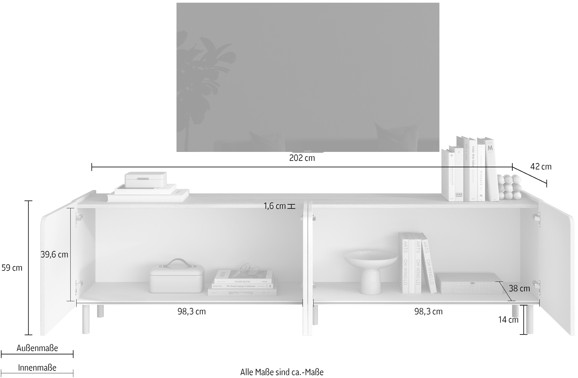 OTTO home Lowboard »Dobbiaco, 202 cm breit, 4 Türen, Mediaboard, TV-Schrank« Innenliegendes Top, gerade Metallfüße, Tür mit Rundung