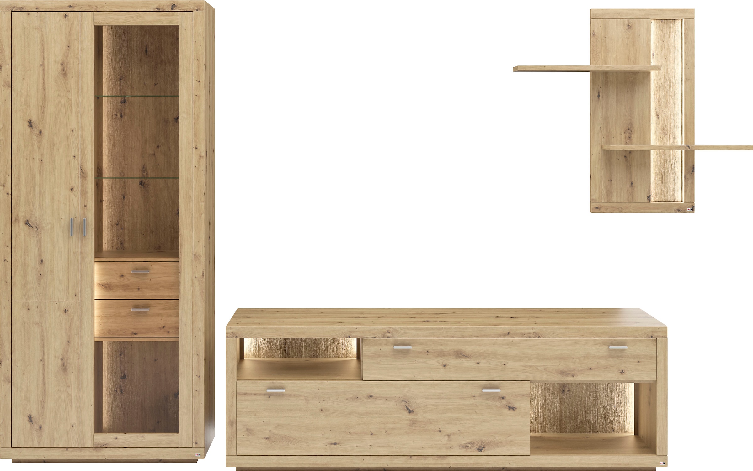 set one by Musterring Wohnwand »Chandler«, (Set, 3-St), Eiche Artisan, Maße (BxHxT) 337 x 205,4 x 49,9 cm
