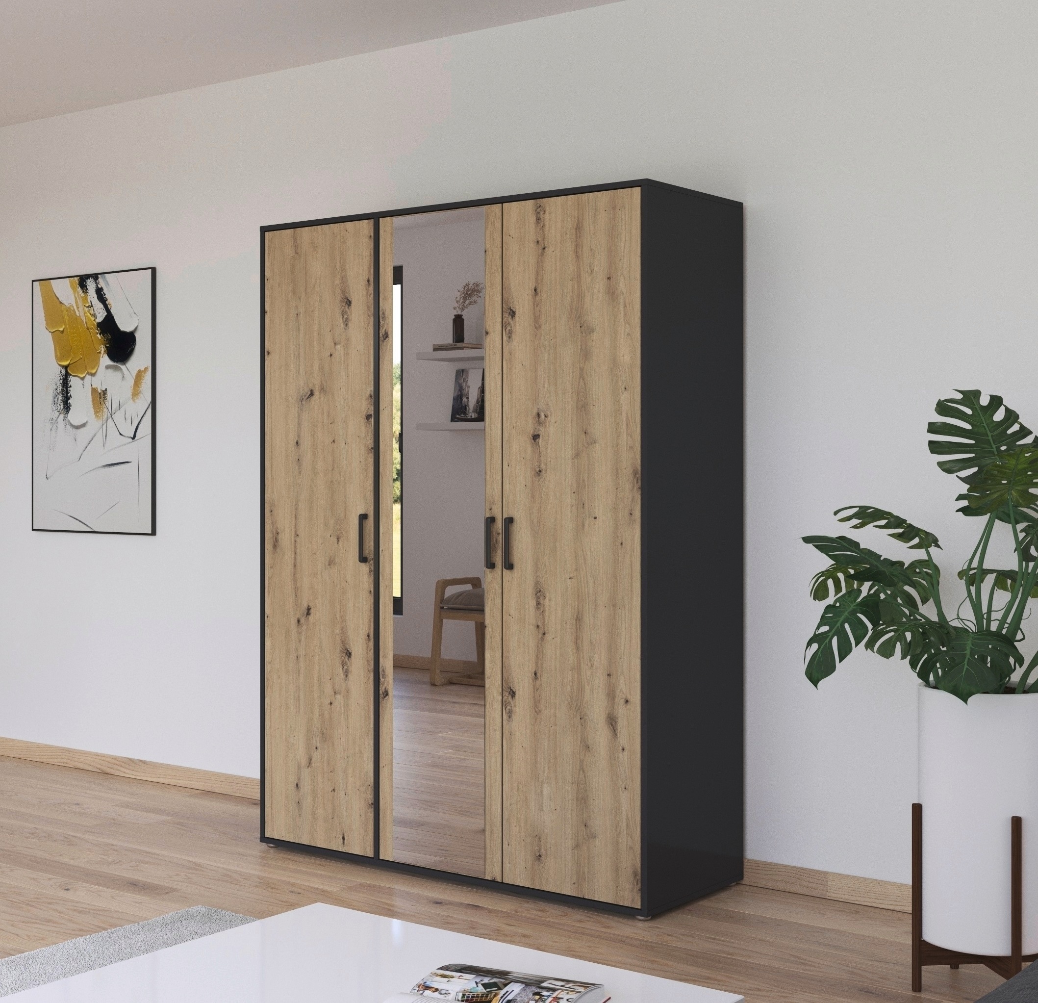 rauch Drehtürenschrank »Kleiderschrank Schrank Garderobe Wäscheschrank VOYAGER«, (in 3 verschiedenen Ausstattungen BASIC/CLASSIC/PREMIUM), mit modernen Griffen in Graumetallic und Spiegel