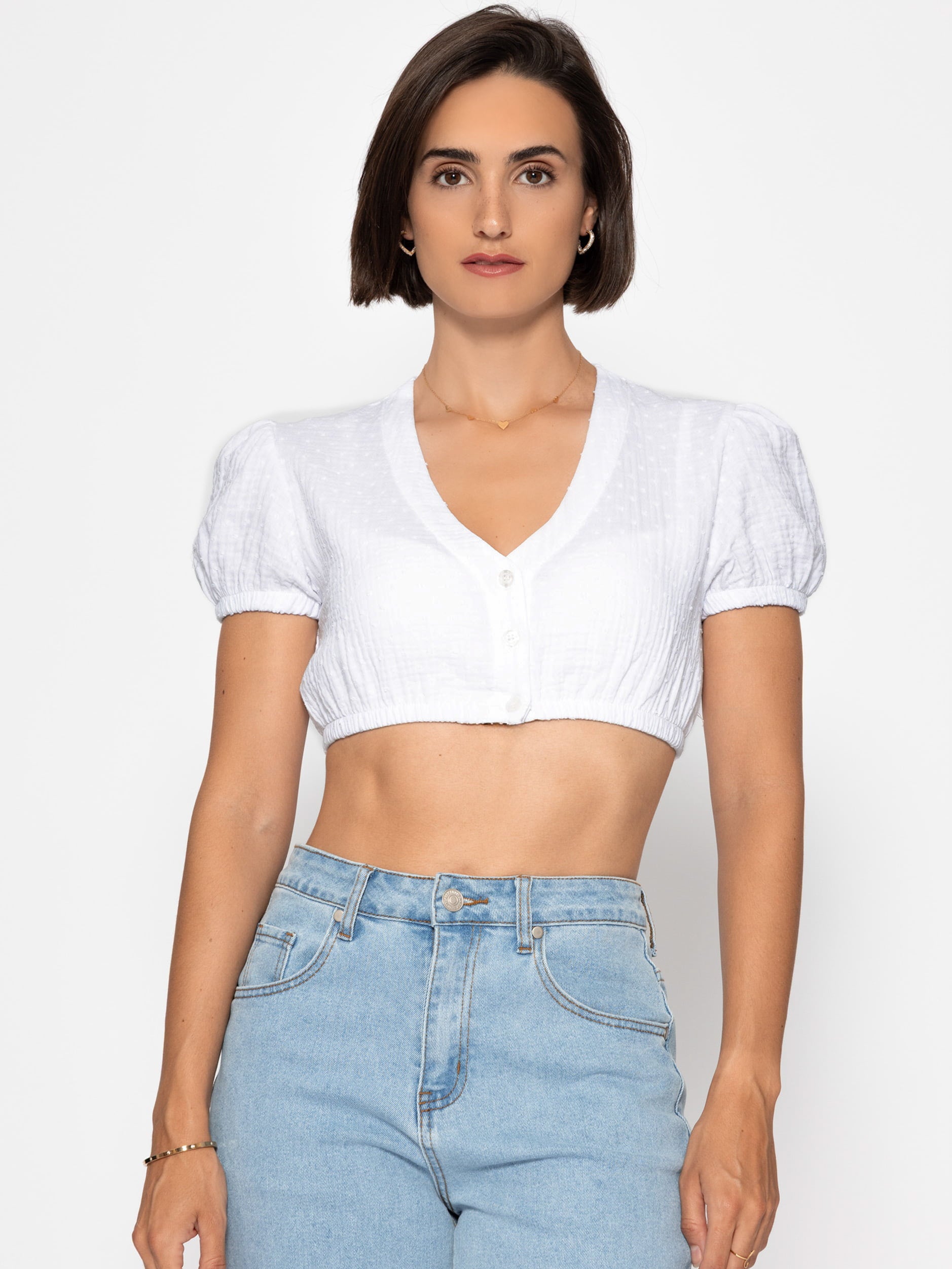 SASSYCLASSY Trachtenbluse »Bluse aus Musselin mit Tupfen« Traditionelle Trachtenbluse mit V Ausschnitt und Puffärmeln Weiß
