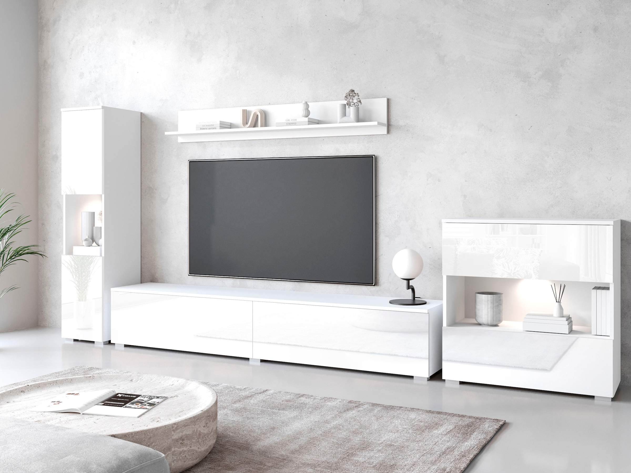 INOSIGN Wohnwand »PARIS, Vitrine Türanschlag links/rechts wechselbar«, (Komplett-Set, 4 St.), grifflose Design, stehend und hängend montierbar