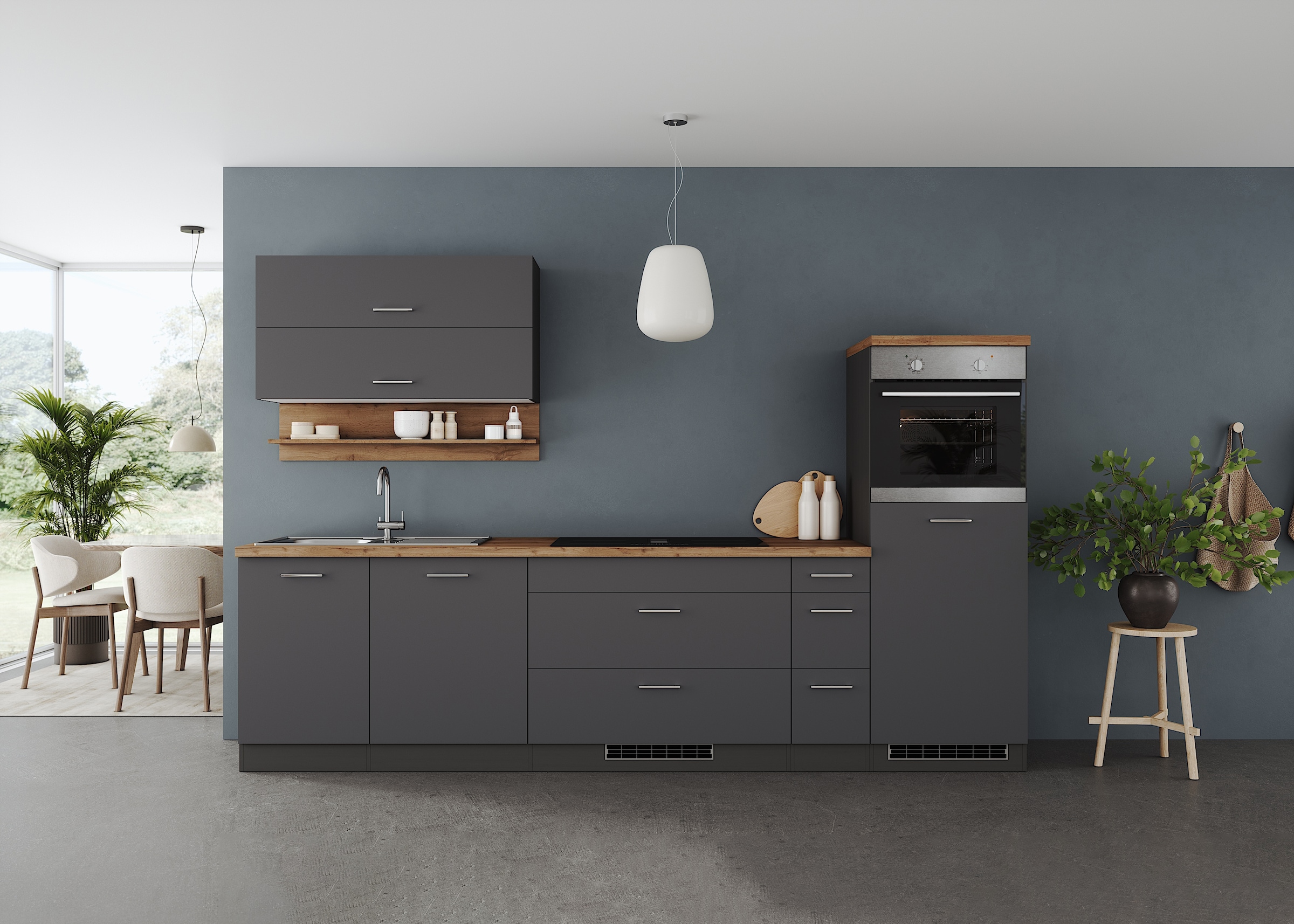 KOCHSTATION Küchenzeile »KS-Milan, optional mit Muldenlüfter« Breite 300 cm, wahlweise mit E-Geräten, Kochfeld mit Dunstabzug