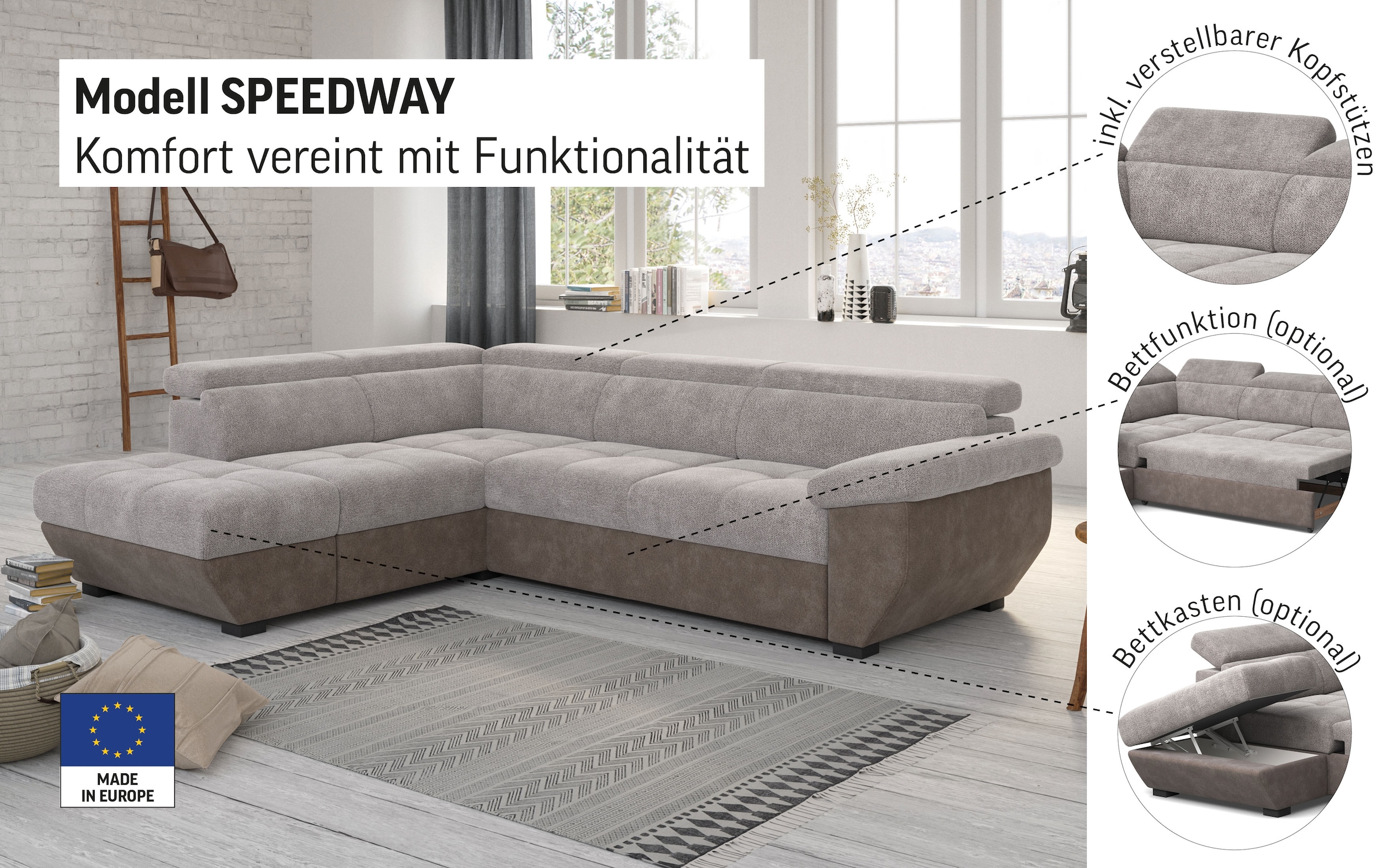 COTTA Ecksofa »Speedway L-Form« mit Kopfteilverstellung, wahlweise mit Bettfunktion & Bettkasten