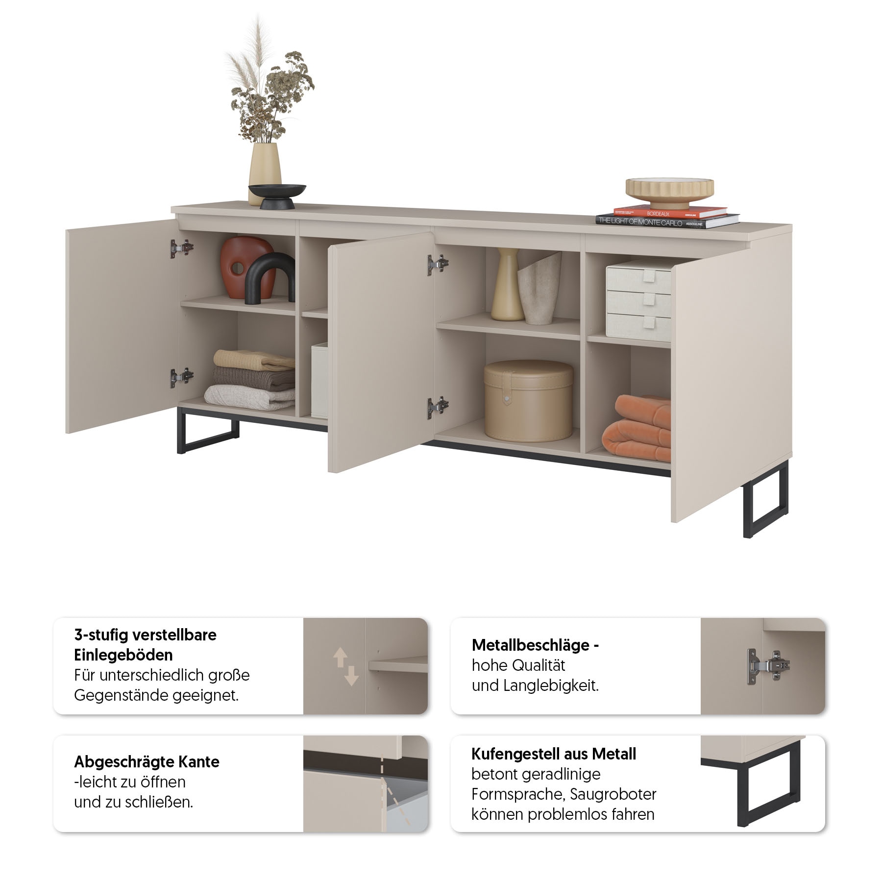 OTTO home Sideboard »Modo II, Breite 200 cm, moderne grifflose Kommode 4Türen« Anrichte mit viel Stauraum, Einlegeböden verstellbar, Metallkufen