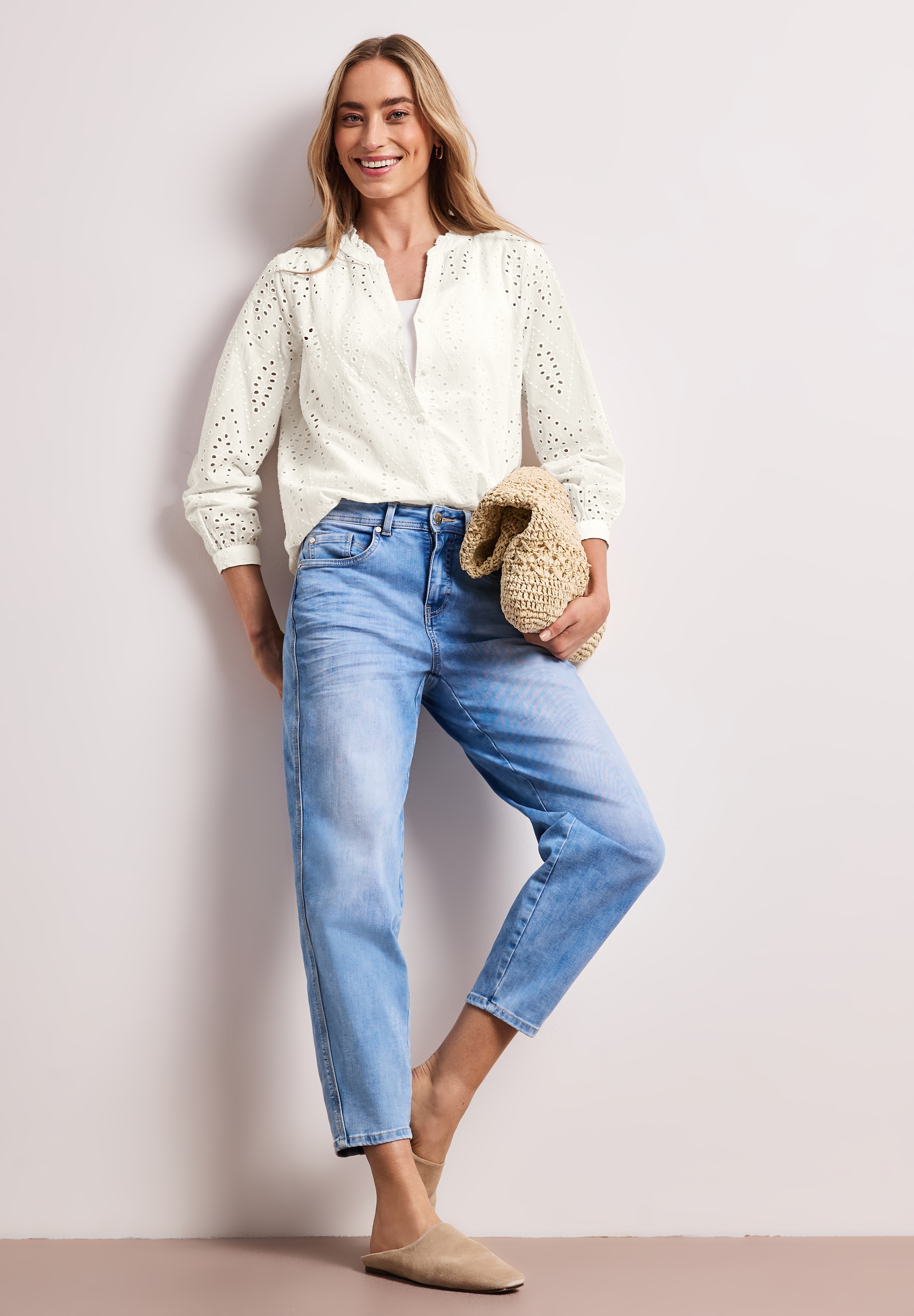 STREET ONE Langarmbluse Sommerbluse mit Split Neck und Rüschen-Details