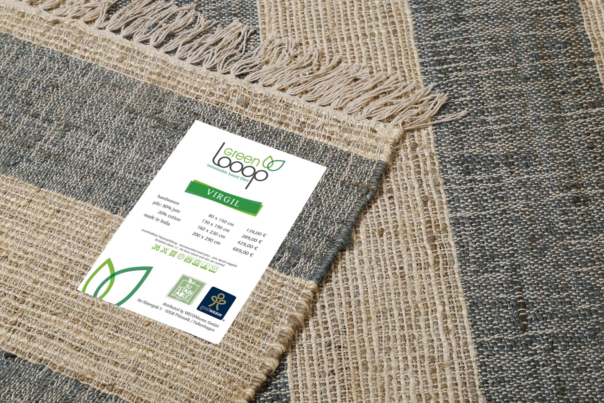 Green Looop Teppich »Virgil«, rechteckig, 4 mm Höhe, Naturfaser Teppich aus 80% Jute 20% Baumwolle, mit Fransen, Wohnzimmer