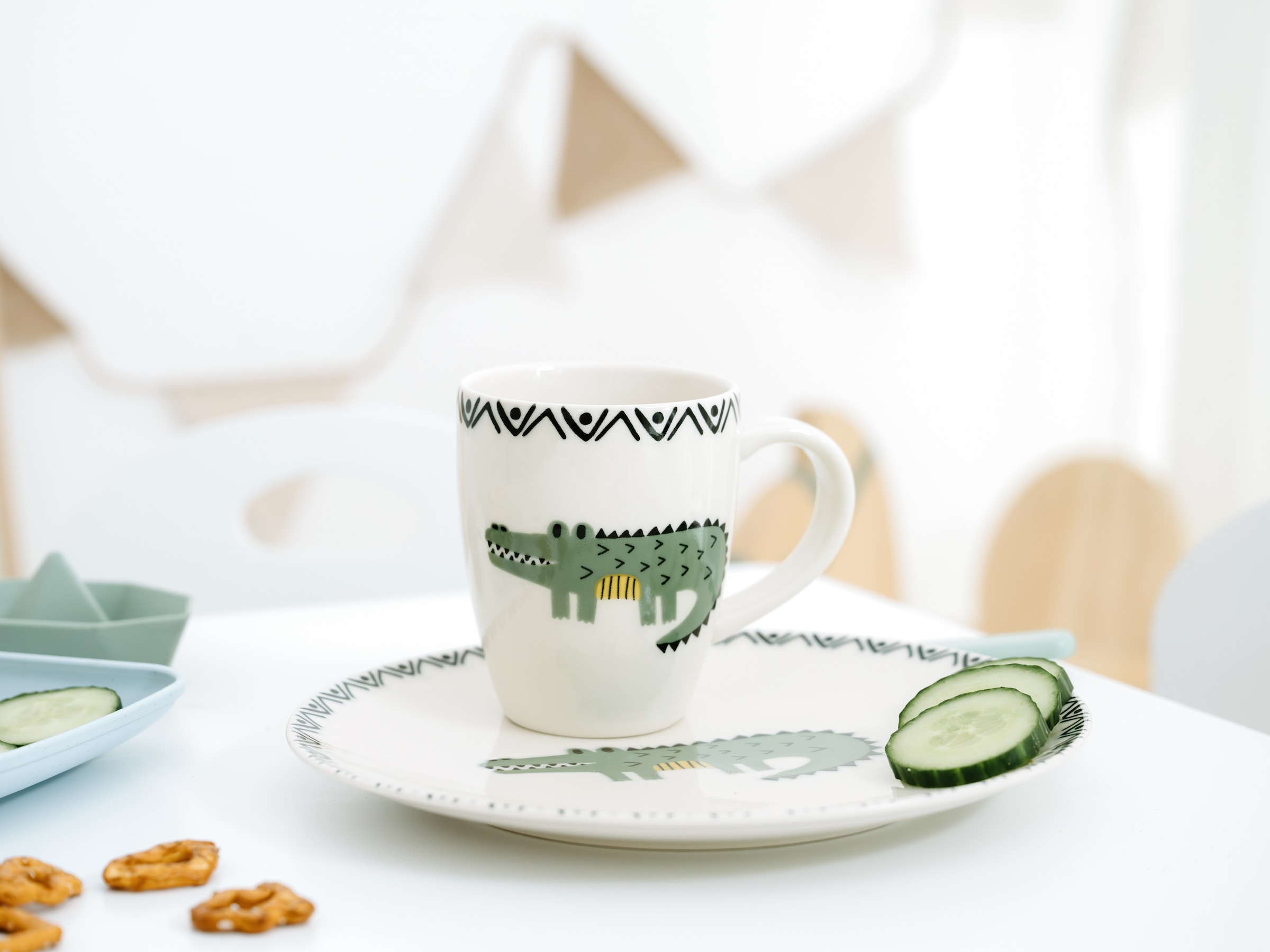 CreaTable Kindergeschirr-Set »Safari Krokodil, Kinder Set 3-tlg.« gezeichnete Tiermotive, skandinavischer Stil, Ethno-Style Motive