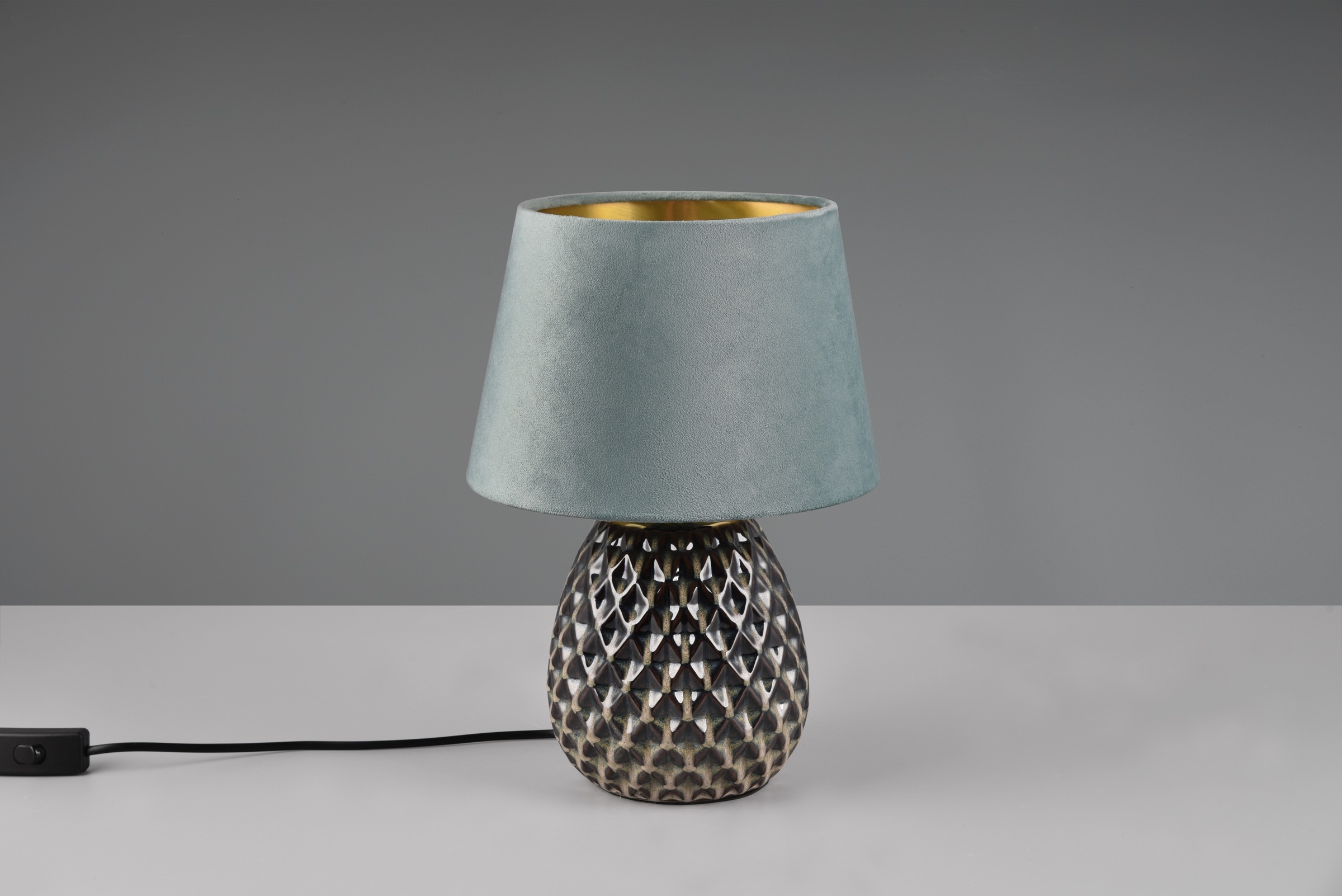 REALITY Leuchten Schreibtischlampe »ARIANA Tischleuchte exkl 1xE27 max60W Höhe 35cm Ø 24cm Nachttischlampe«, 1 flammig, Leuchtmittel E27 | Leuchtmittel wechselbar, Struktur Keramik Samt Schirm innen gold,Tischlampe mit Schnurschalter