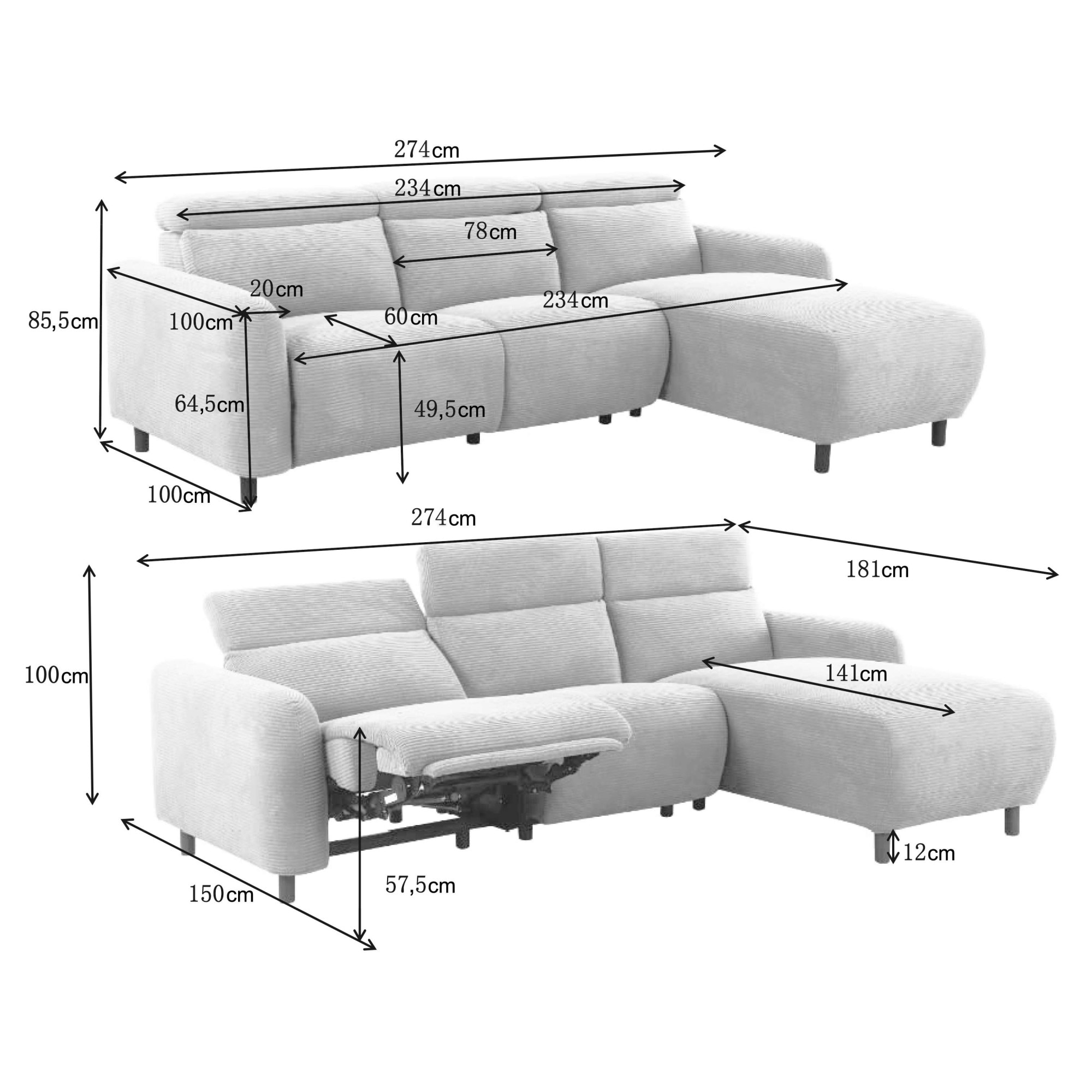 Home affaire Ecksofa »SKAANE Struktur, L-Form, 274 cm, manuelle u. elektrische Funktion,«, rundes Design, Kopfteilverstellung, Federkernpolsterung