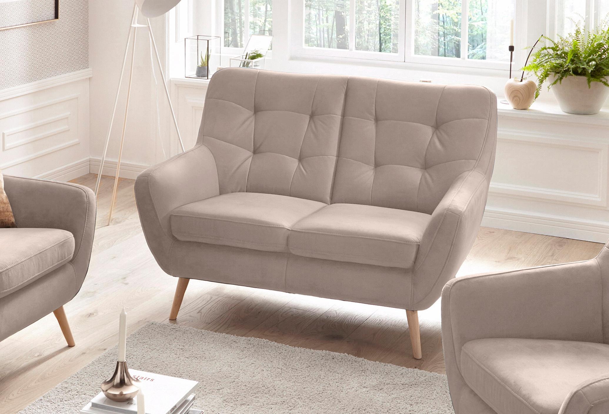 exxpo - sofa fashion 2-Sitzer »Scandi, bequem, aufwendige Rückenpolsterung für mehr Sitzkomfort«, akuelle Farben in hochwertige Bezugsqualitäten, Holzfuß