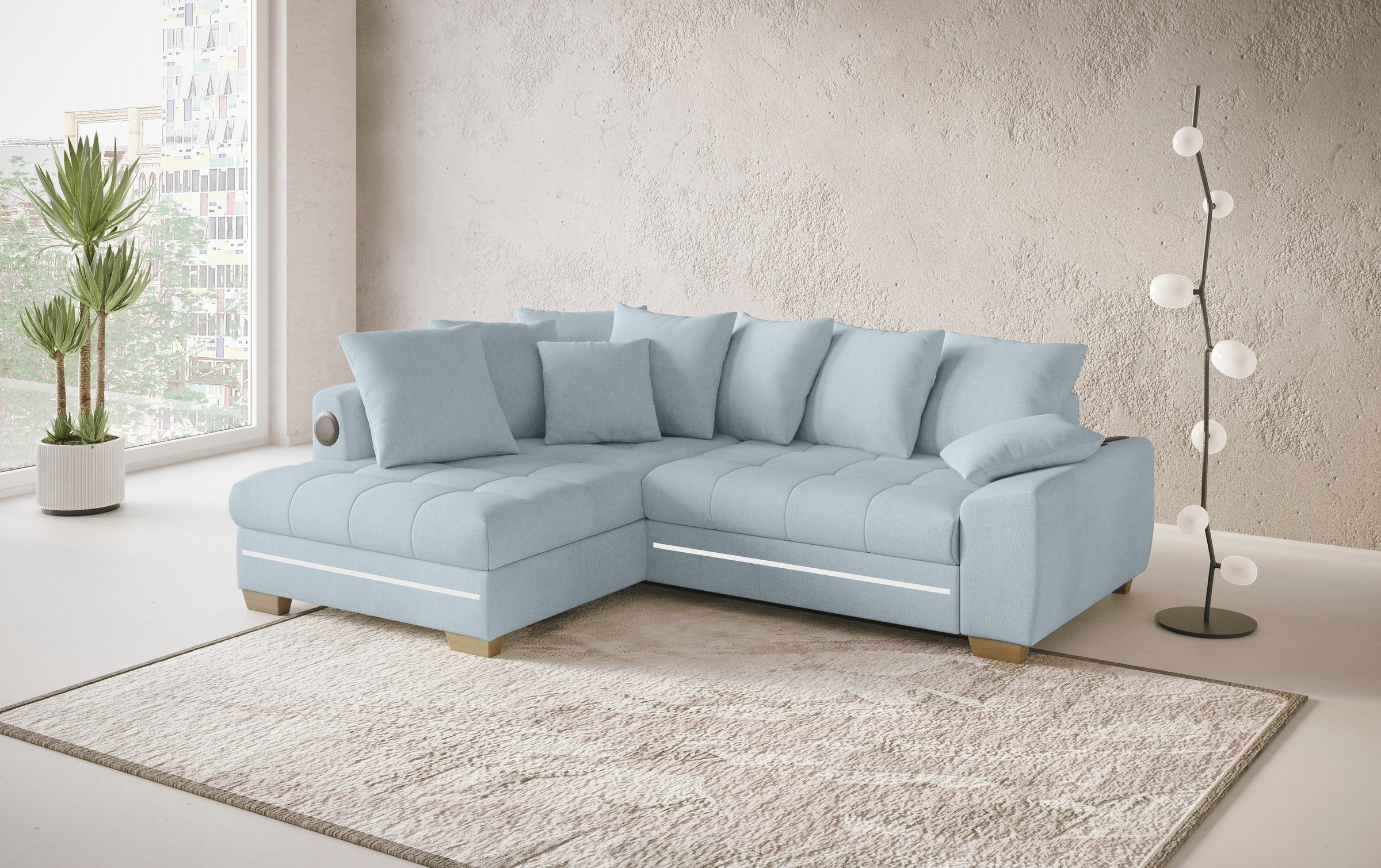 Mr. Couch Ecksofa »Nikita II, L-Form«, RGB-LED, Bluetooth-Soundsystem, wahlweise mit Bett, Bettkasten