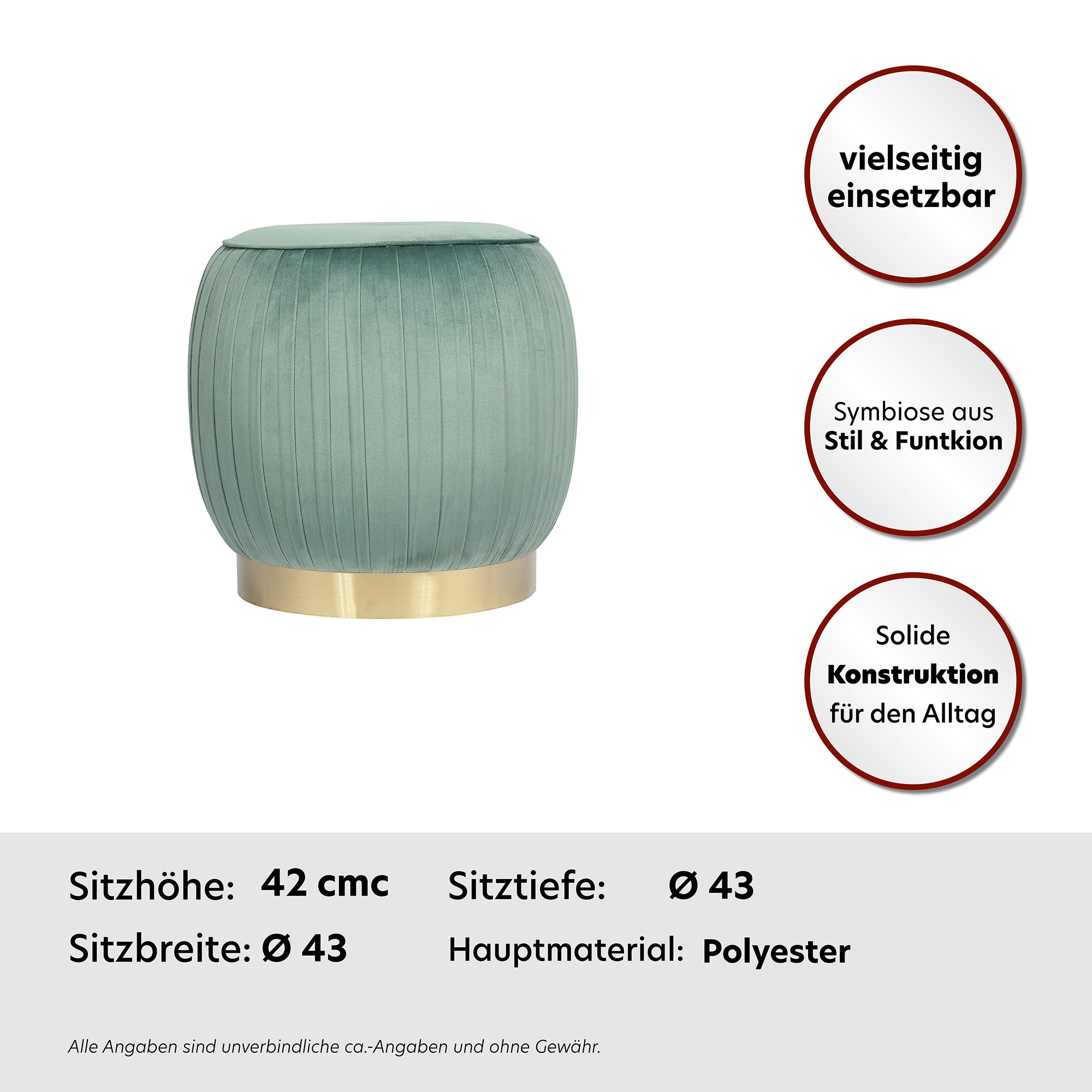 Kayoom Polsterhocker »Hocker Lyla 125, Edler Touch durch goldenen Sockel,  Samtbezug« 1 Stk. tlg. samtweich, gesteppte Ziernaht, Edelstahlsockel, Hochwertiger Samtbezug