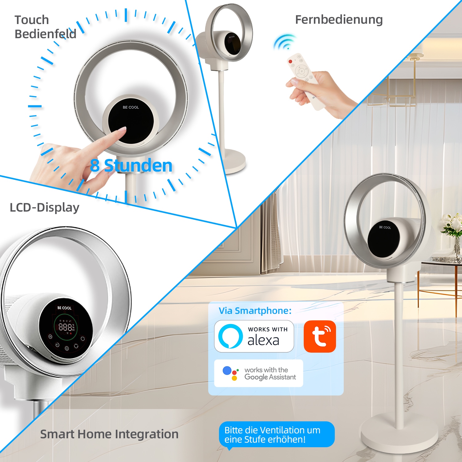 be cool Standventilator »Design-Standventilator mit WiFi«, unsichtbarer Flügel, LED-Beleuchtung, Luftreinigung, Tuya-kompatibel