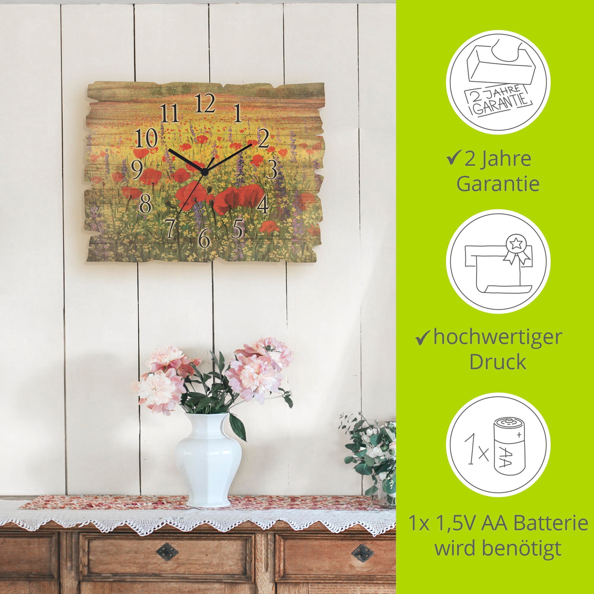 Artland Wanduhr »Holzuhr Mohnblumenfeld« wahlweise mit Quarz- oder Funkuhrwerk, lautlos ohne Tickgeräusche
