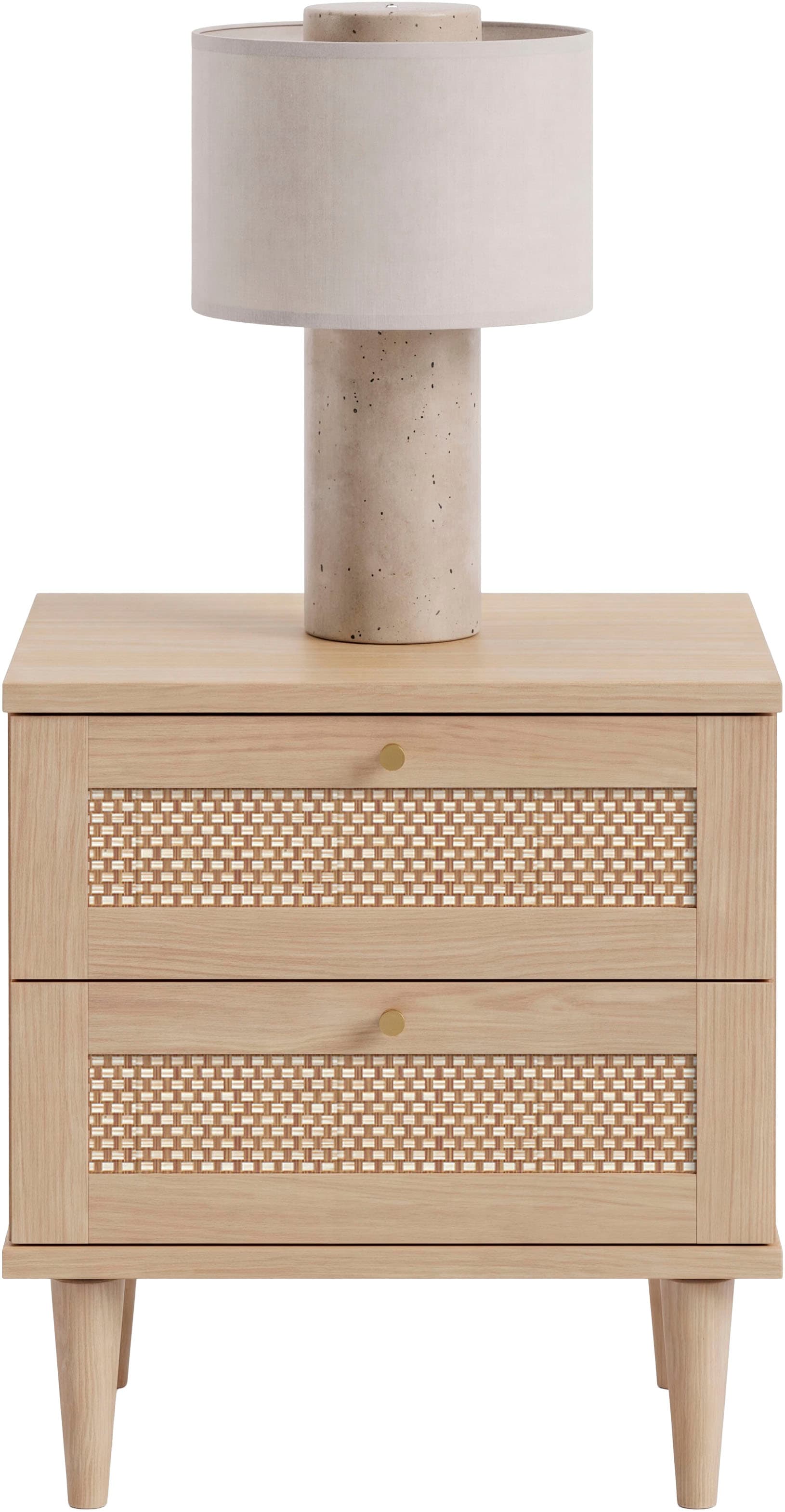 OTTO home Nachtkommode »ELLIAN mit natürlicher Geflechtoptik, 2 Schubladen« Holzfüße, Metallgriffe, Made in EU, viel Stauraum