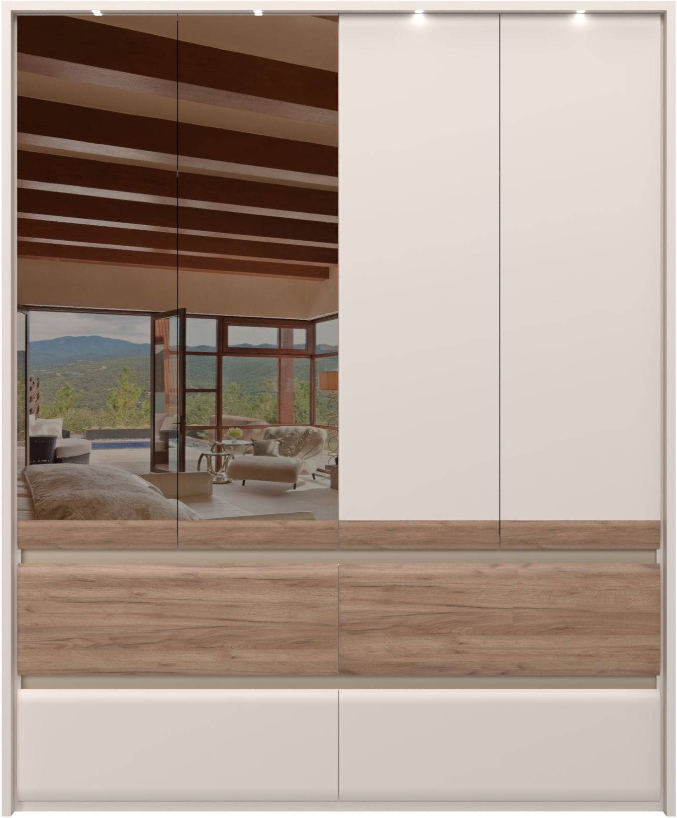 PLACES OF STYLE Kleiderschrank »Invictus, UV lackiert, FSC-zertifiziert, grifflose Optik« abgerundete Schubladen aus MDF im Holzdekor, soft-close,  mit Beleuchtung und Spiegel, in 4 Breiten, hoher Schrank (226cm)