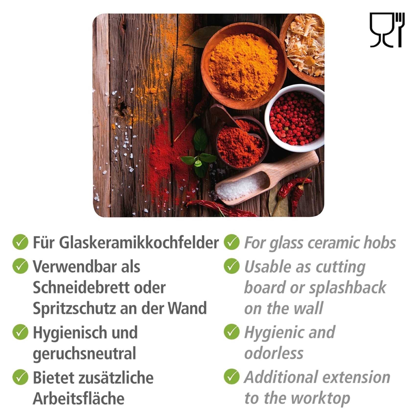 WENKO Herd-Abdeckplatte »Modell Gewürze«, Herdabdeckung für Glaskeramik Kochfelder, Spritzschutz & Schneidebrett