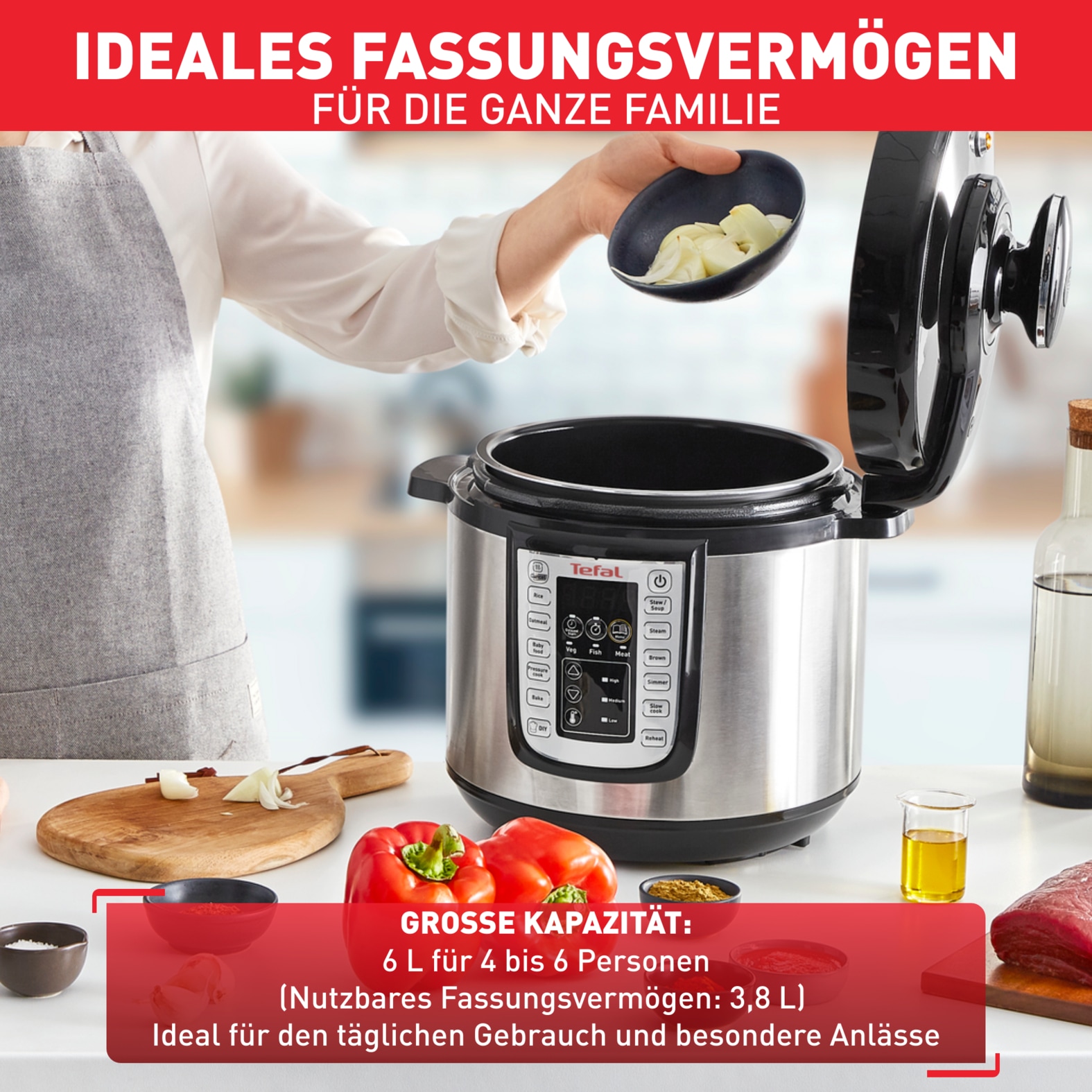 Tefal Multikocher »CY505E Fast & Delicious Multikocher, elektrischer Schnellkochtopf«, 25 automatische Programme, 6 l Fassungsvermögen, sichere Drucktechnologie, Zeit- und Temperaturregler, Warmhaltefunktion, mit Rezeptheft