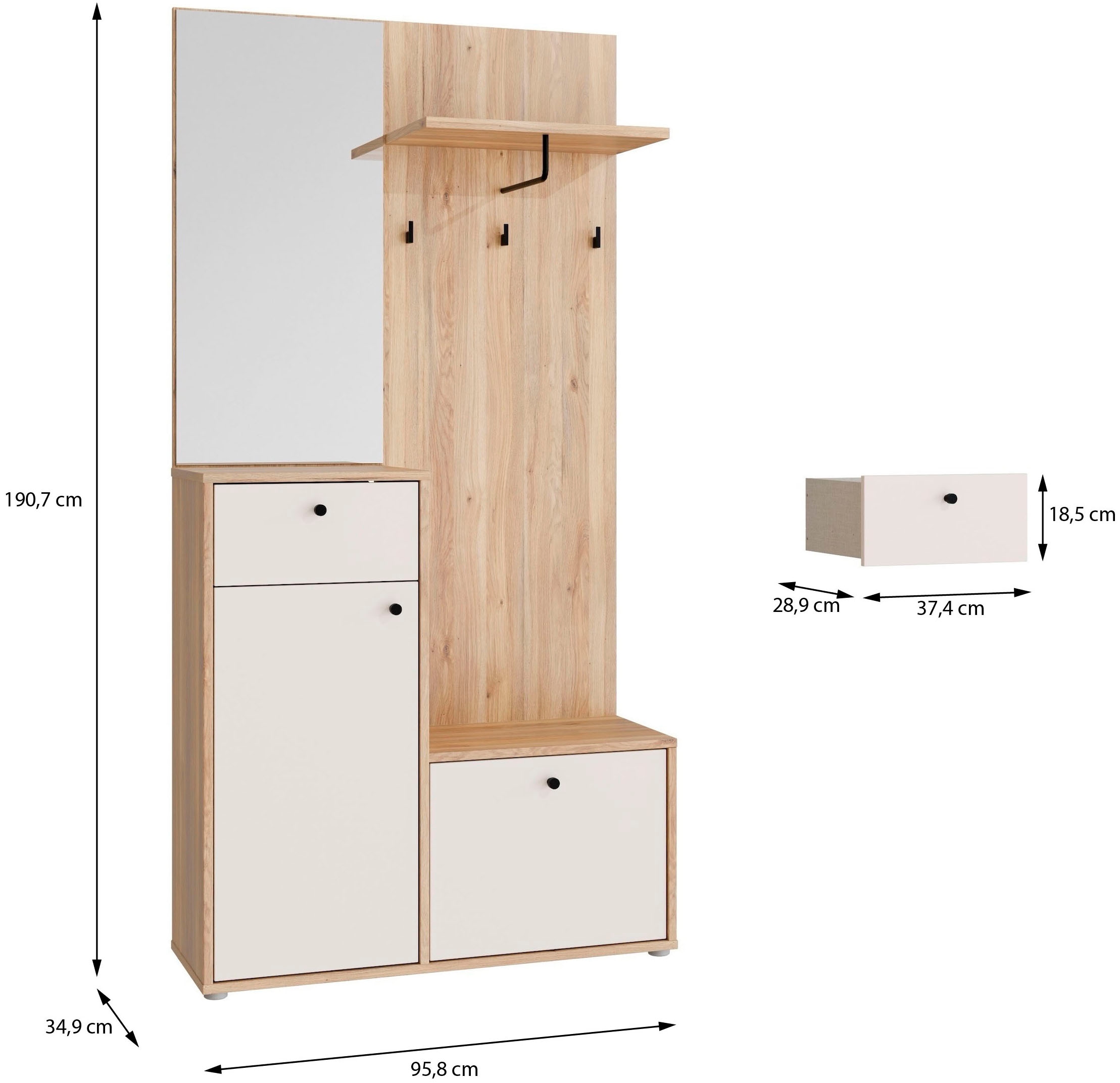 FORTE Kompaktgarderobe Metallgriffe Schwarz B/H/T 95,8/190,7/34,9cm Soft Close, Vollauszug