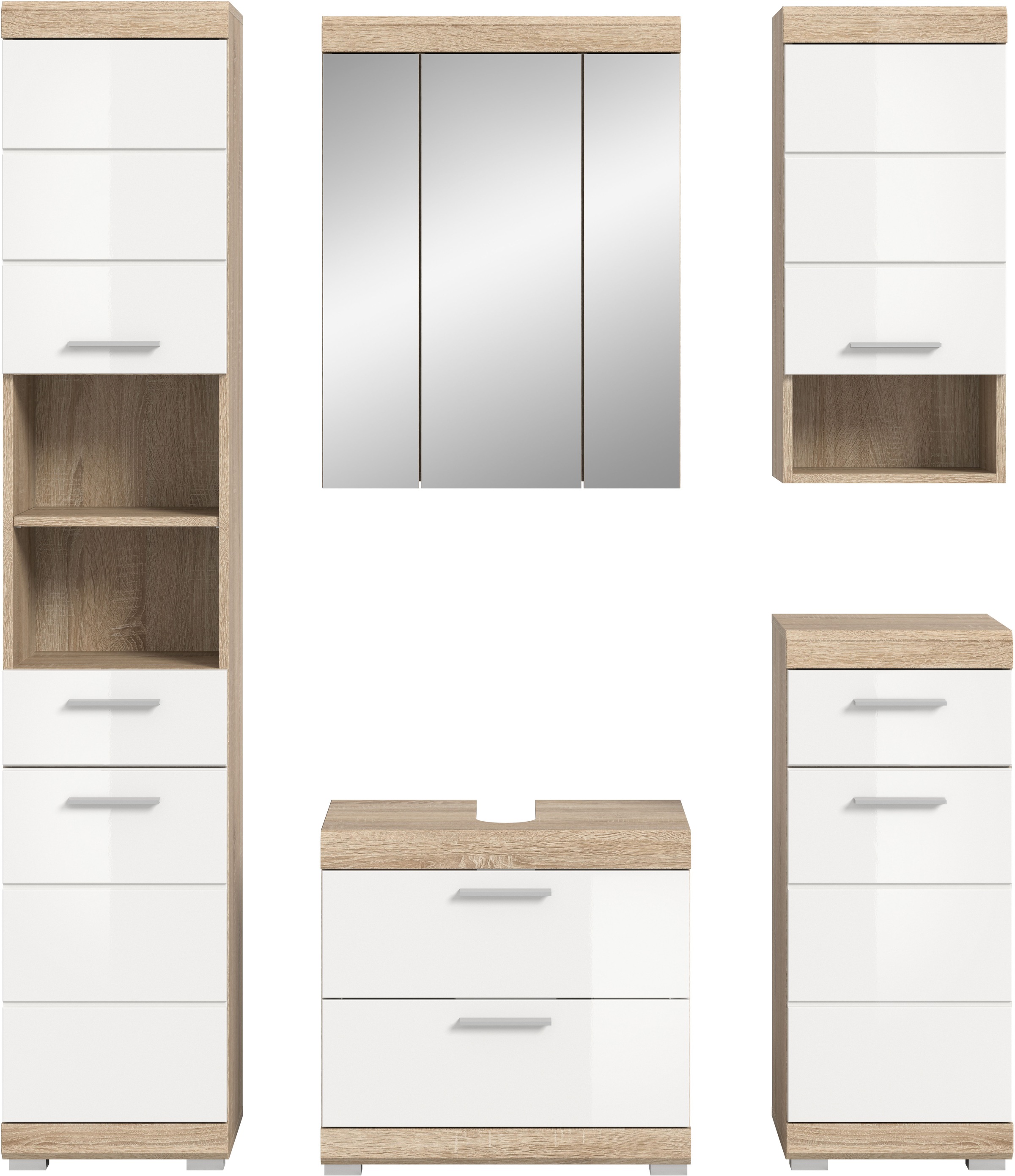 INOSIGN Badmöbel-Set »Siena, 5 teilig, bestehend aus:«, (Set), Hochschrank, WBU, Spiegelschrank, Unterschrank, Hängeschrank