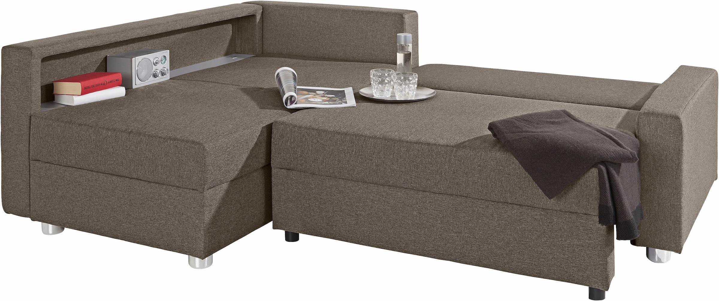 COLLECTION AB Ecksofa »Relax L-Form, B: 223 cm« Schlaffunktion, Bettkasten, Regal & 1 Zierkissen, optional Licht