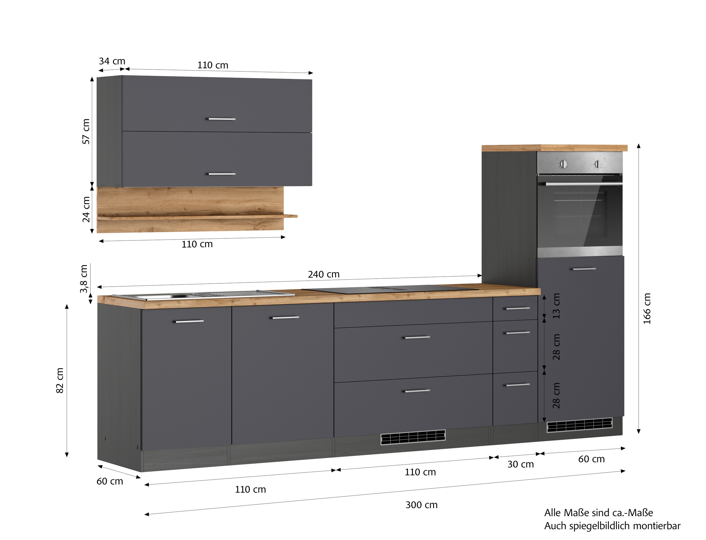 KOCHSTATION Küchenzeile »KS-Milan, optional mit Muldenlüfter« Breite 300 cm, wahlweise mit E-Geräten, Kochfeld mit Dunstabzug