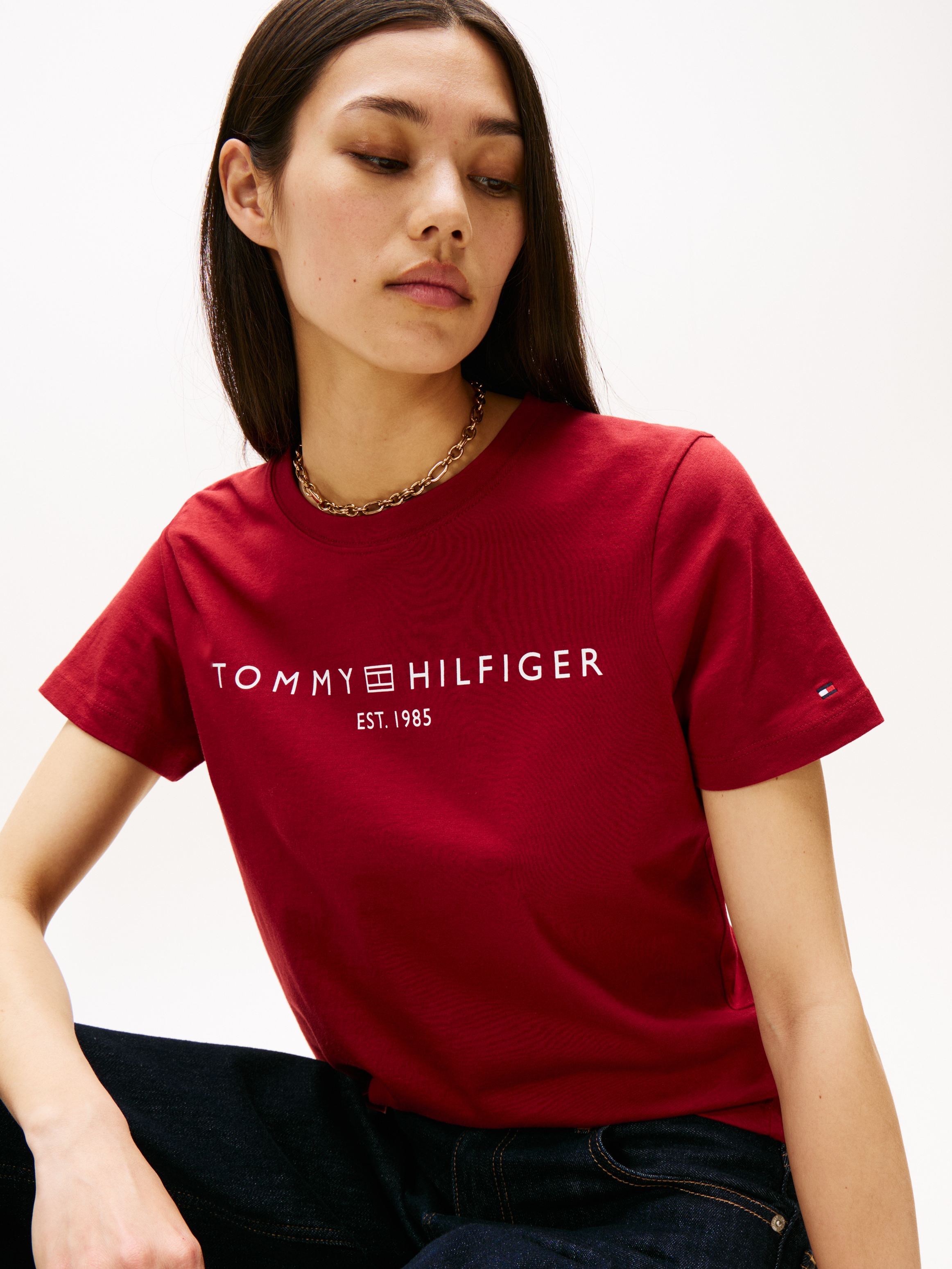 Tommy Hilfiger T-Shirt »REG CORP LOGO C-NK mit Logoschriftzug und Stickerei«, meliert, casual, regular fit, Baumwolle, Rundhals