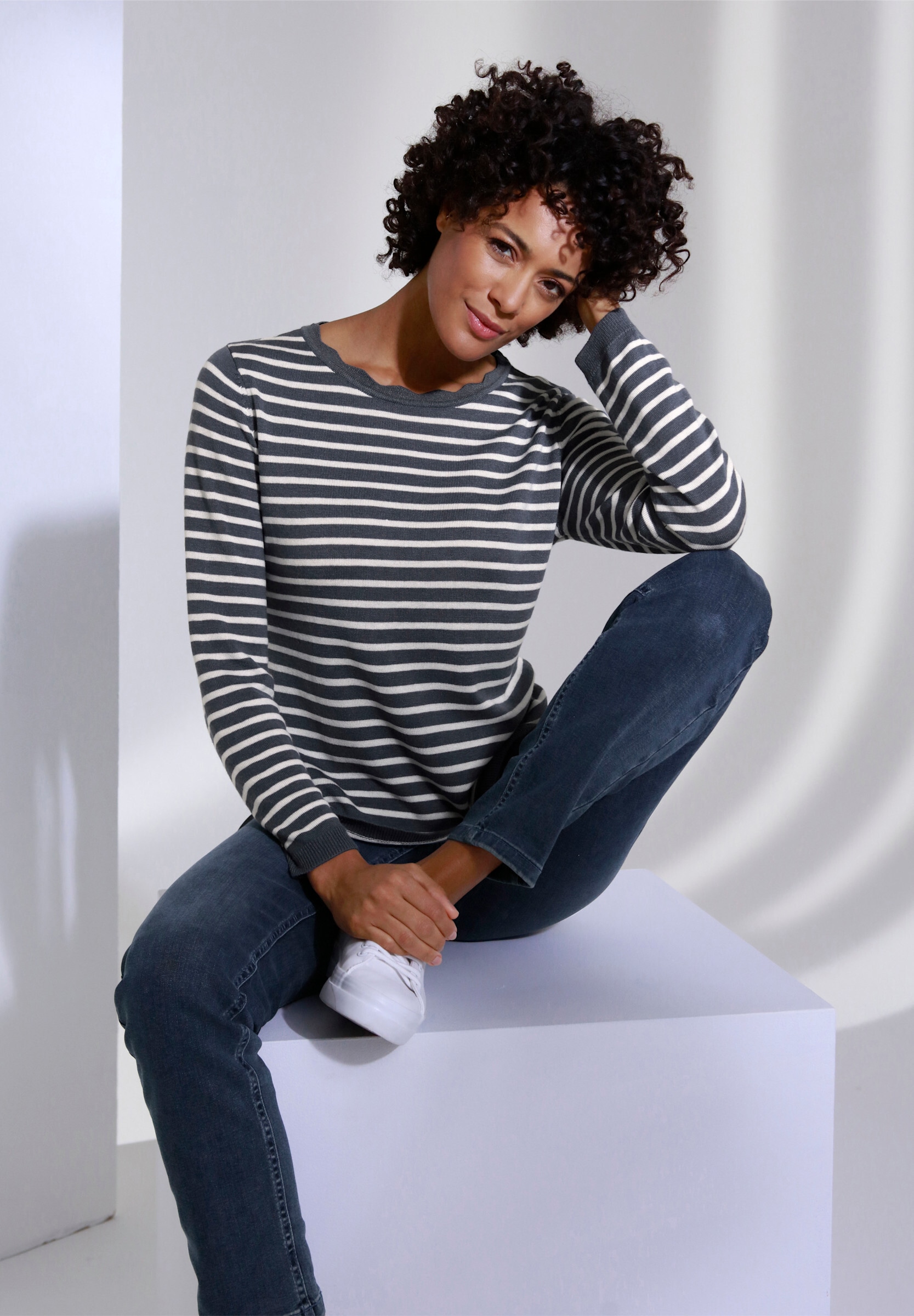 creation L Strickpullover »Viskose-Merino-Pullover Rundhalspullover im Ringel-Dessin«