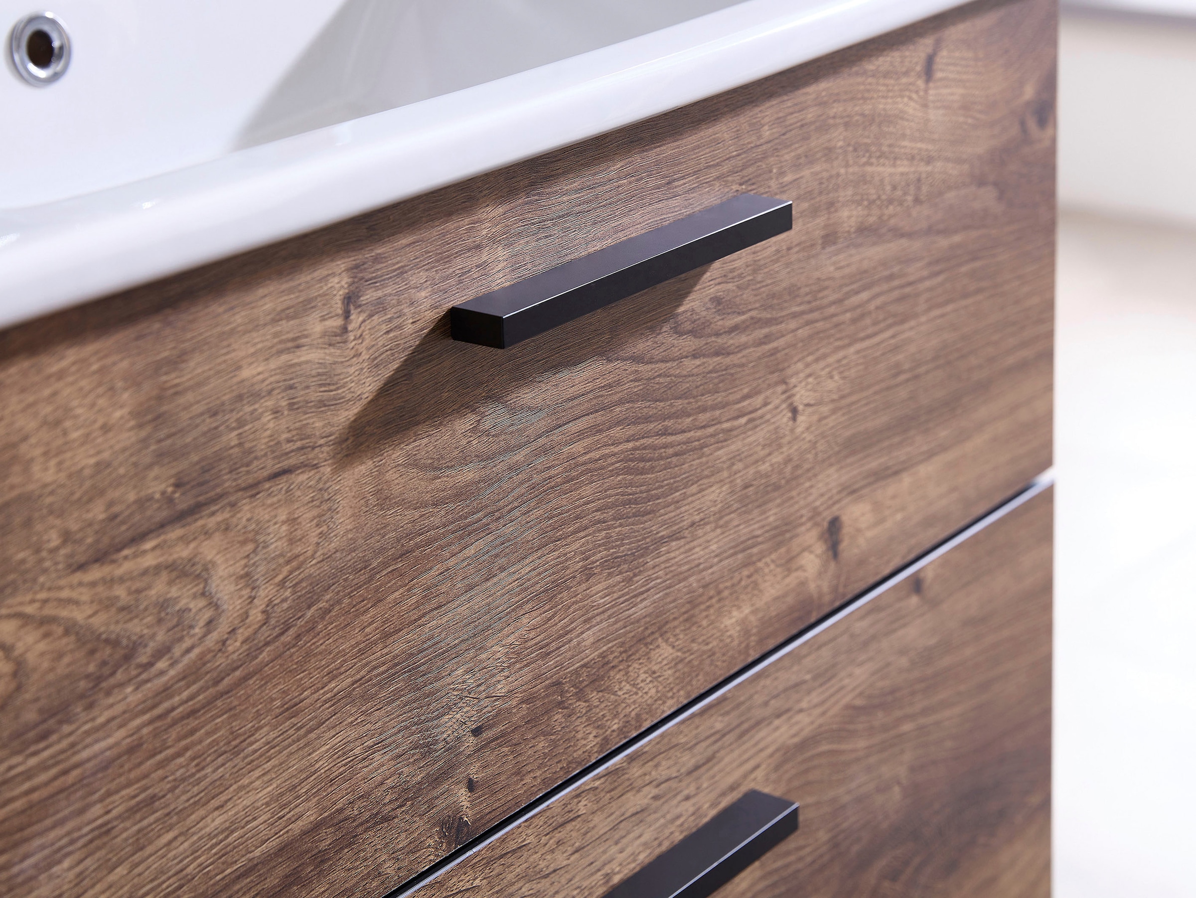 Saphir Badmöbel-Set »Quickset 374 Keramik-Waschtisch mit Unterschrank, 75 cm breit«, (1 St.), Waschplatz mit 2 Schubladen, Eiche Ribbeck quer Nachbildung