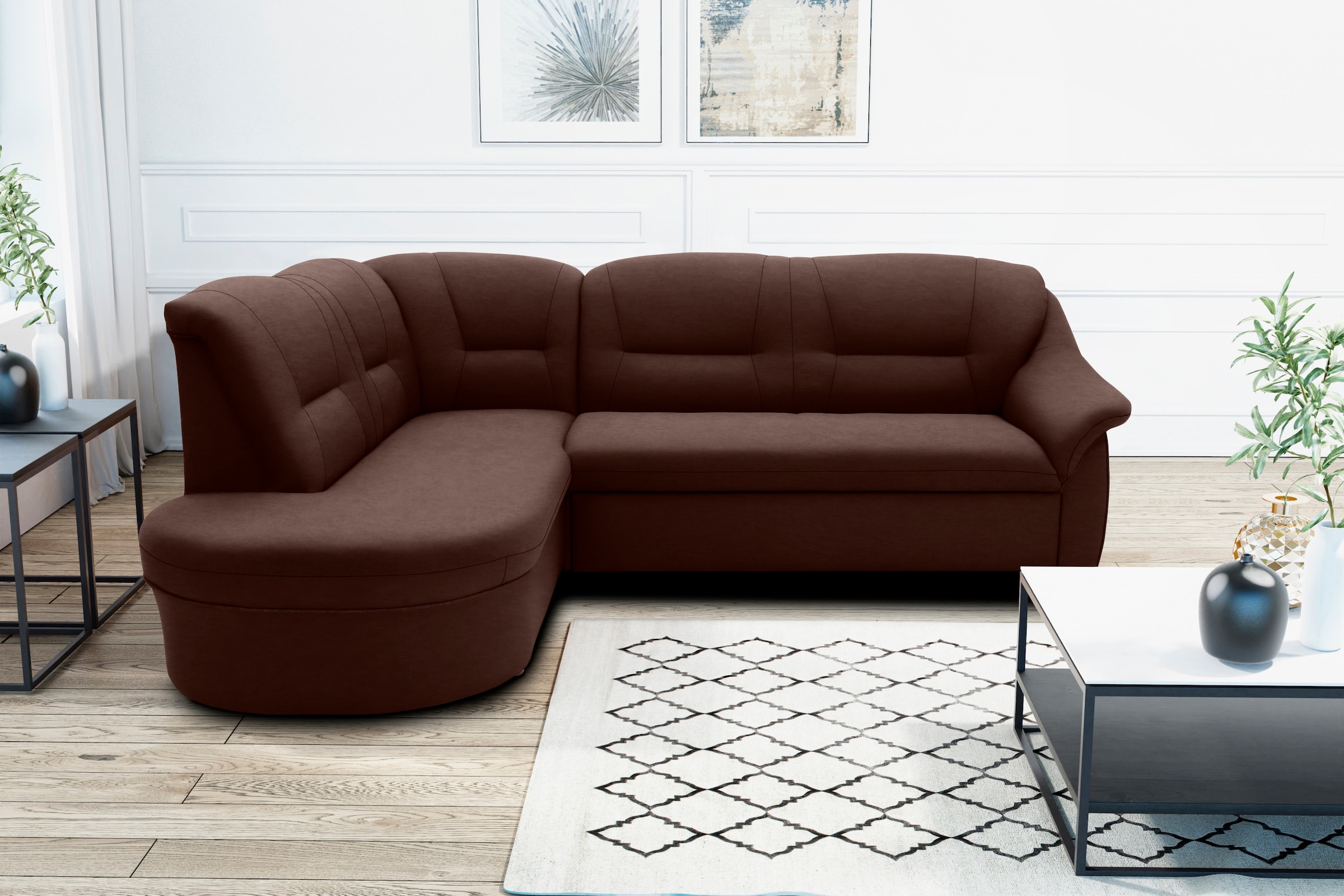 DOMO collection Ecksofa »Faenza für kleine Räume, Stellmaße 232x176cm, komfortabel, L-Form« mit Ottomane, zeitlos, elegante Armlehnen, wahlweise mit Bettfunktion