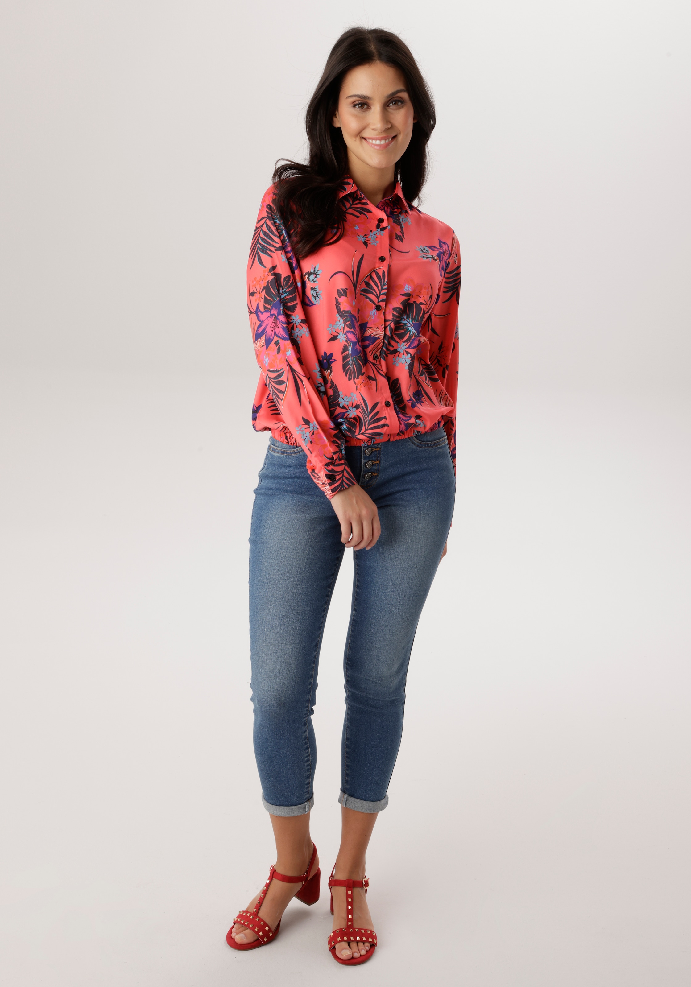 Aniston SELECTED Hemdbluse mit Gummizug am Saum und floralem Allover-Print - NEUE KOLLEKTION