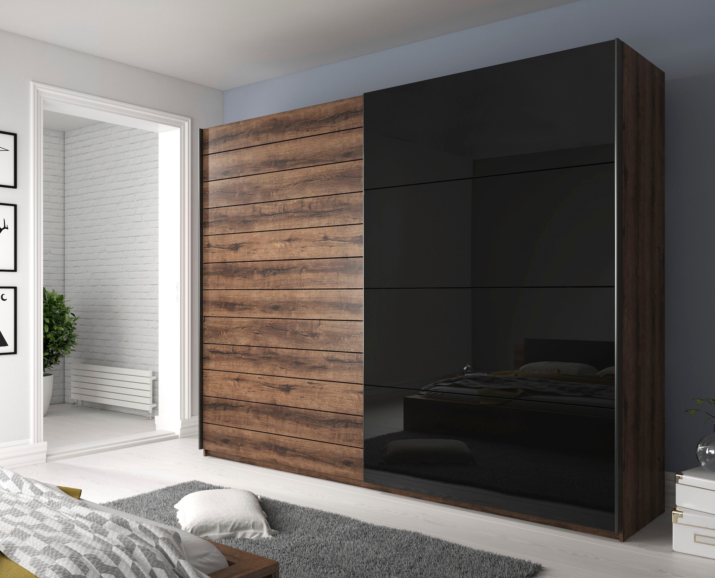 INOSIGN Schwebetürenschrank »Galaxy Kleiderschrank, Wäscheschrank 200, 220 oder 270cm breit«, INKLUSIVE kompletter Innenausstattung, Metallgriffe und Glasfront