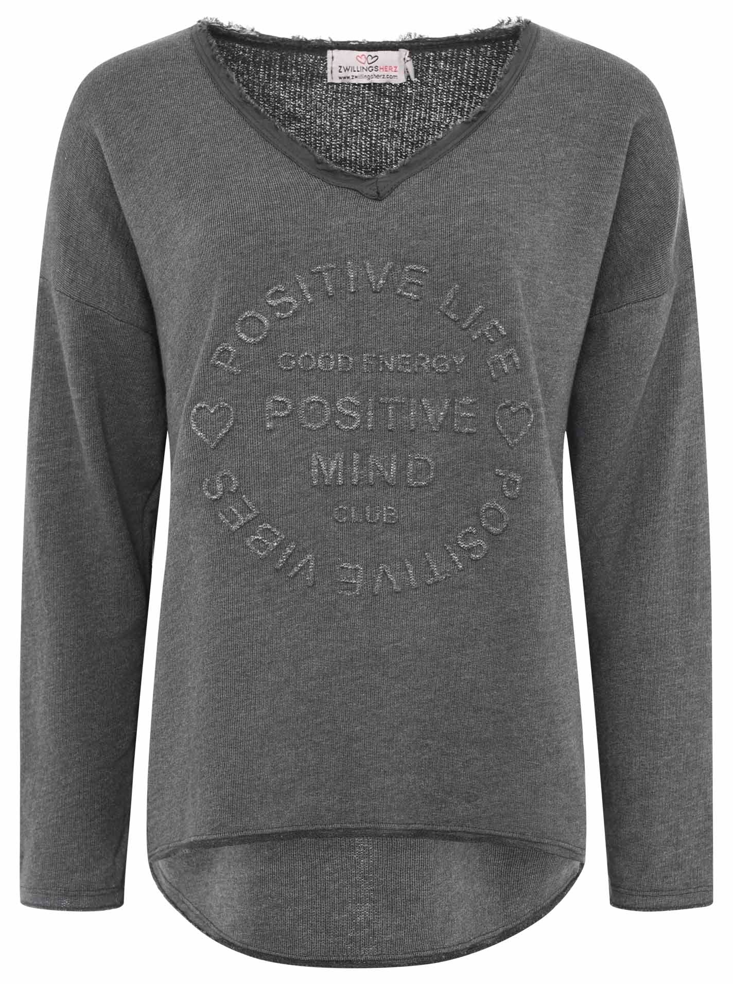 Zwillingsherz Sweatshirt »"Positive Mind"«, ausgefranster V-Ausschnitt, Used Look, Langarm, Schriftzug
