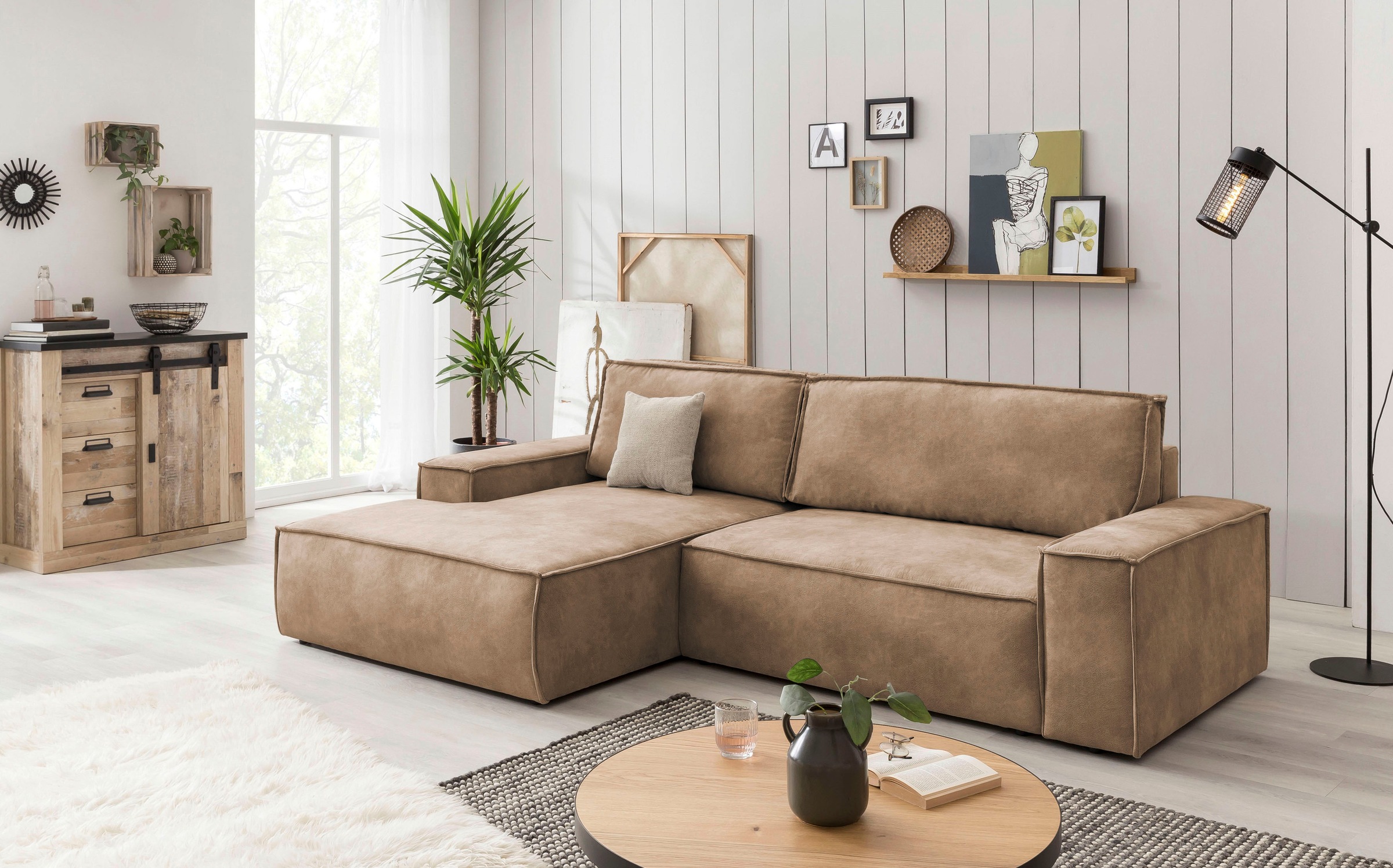 Home affaire Ecksofa SHERWOOD Schlafsofa 267 cm, L-Form, Schlaffunktion mit Bettkasten (210x136 cm), Cord, Vintage, Samtvelours
