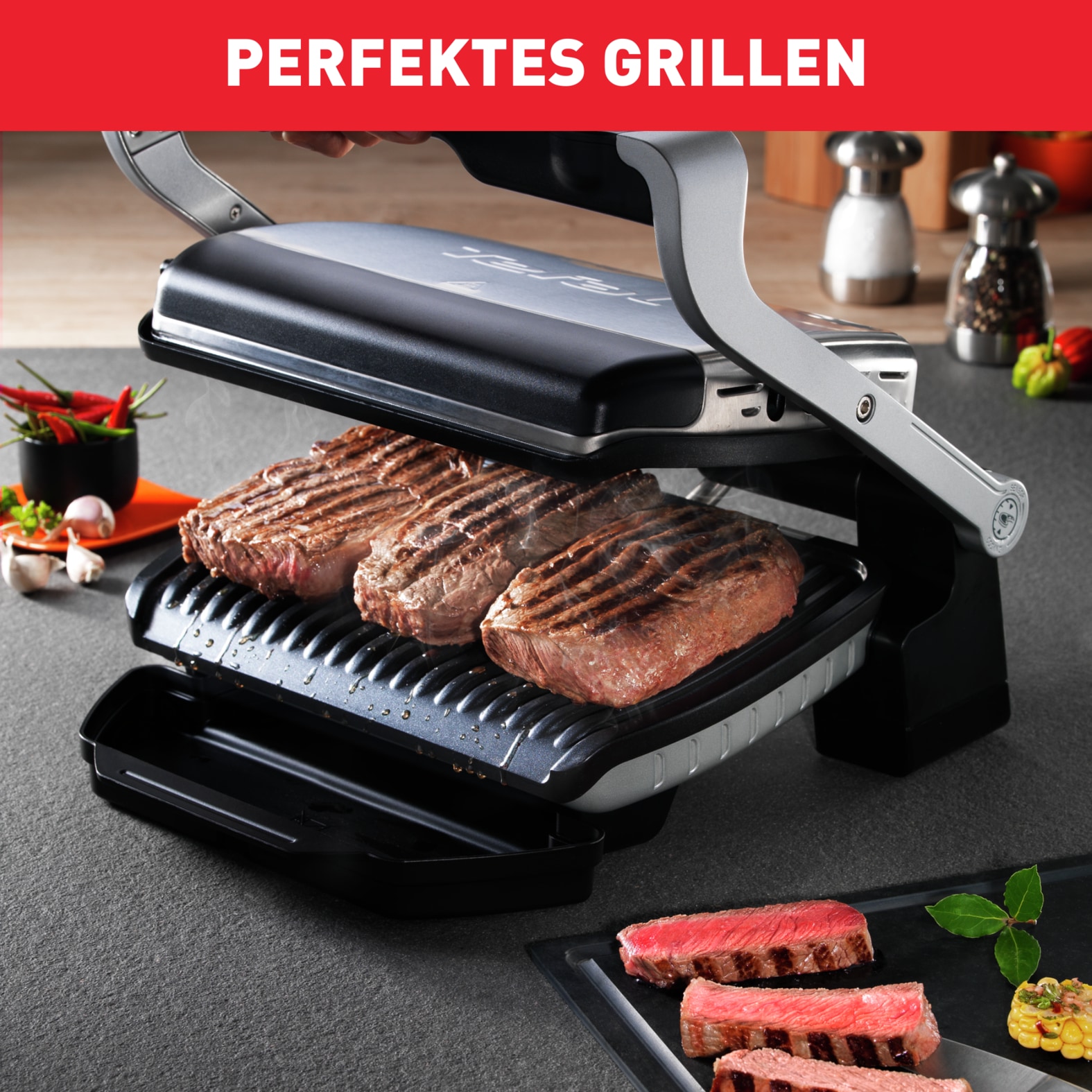 Tefal Kontaktgrill »OptiGrill, 6 automatische Programme, ein manuelles Programm«, 2000 W, spülmaschinengeeignete Platten und SaftauffangbehälterGC705D