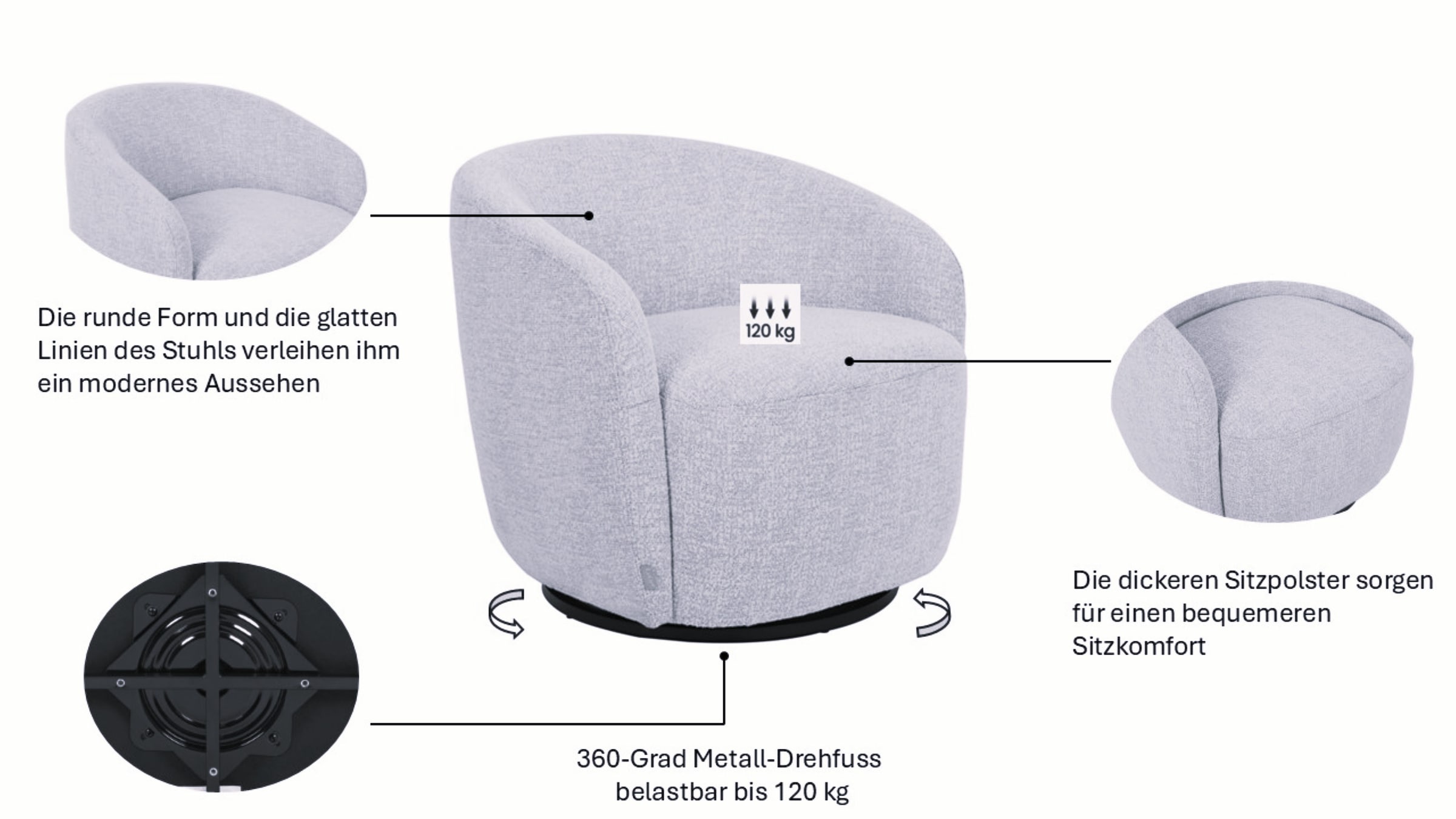 LeGer Home by Lena Gercke Drehsessel »ZAYRA Lese-Sessel, TV-Sessel, Loungesessel« 360° drehbar, Webstoff