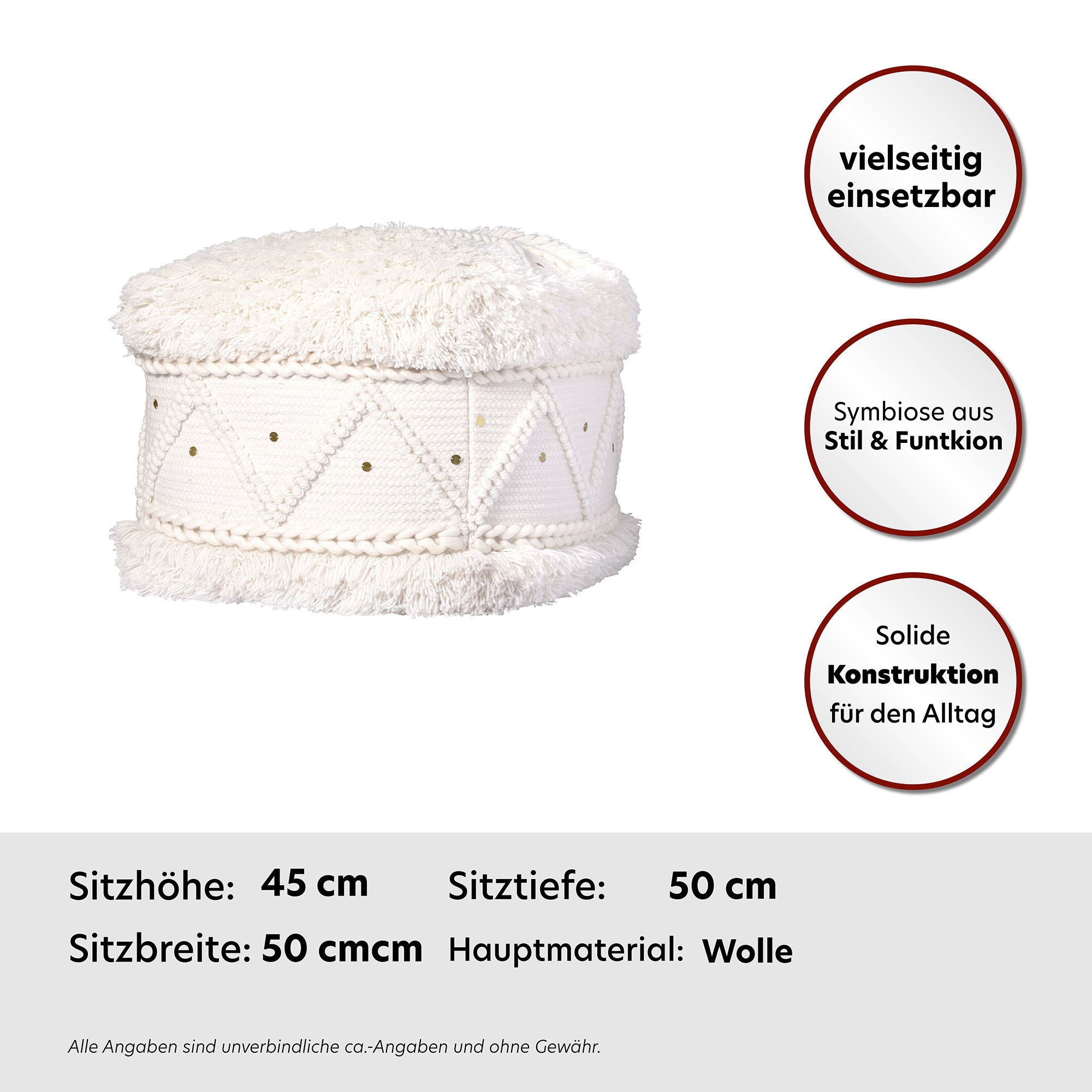 Kayoom Pouf »Bohist 525 50cm x 50cm,  Strukturen mit Fransen und Quasten«, (1 St.), handgefertigt, Unikat, sehr gut kombinierbar, vielfältig im Einsatz
