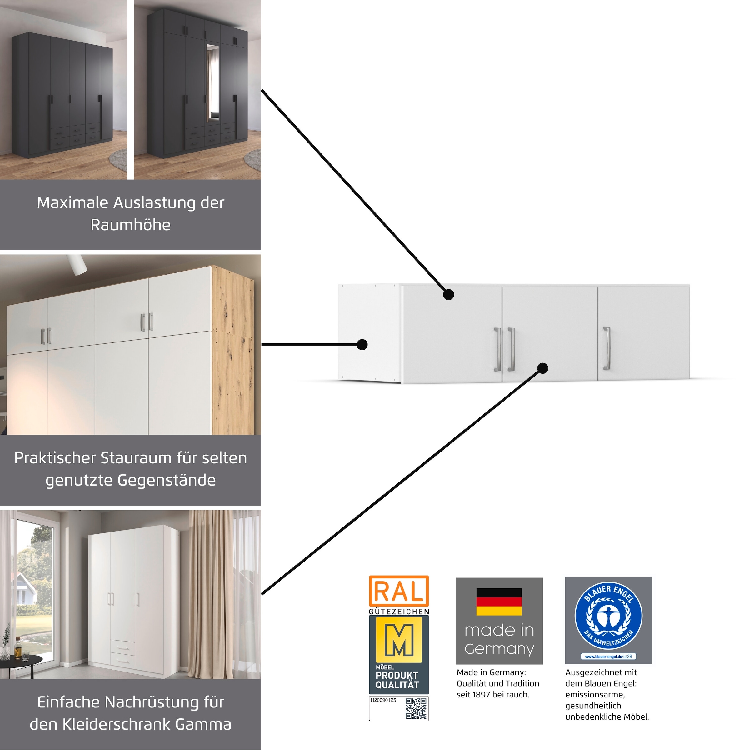 rauch Aufsatzschrank »Gamma« Breiten 91/136/181/226 cm, in 4 Griffvarianten,  für eine maximale Nutzung der Deckenhöhe, viele Farben MADE IN GERMANY