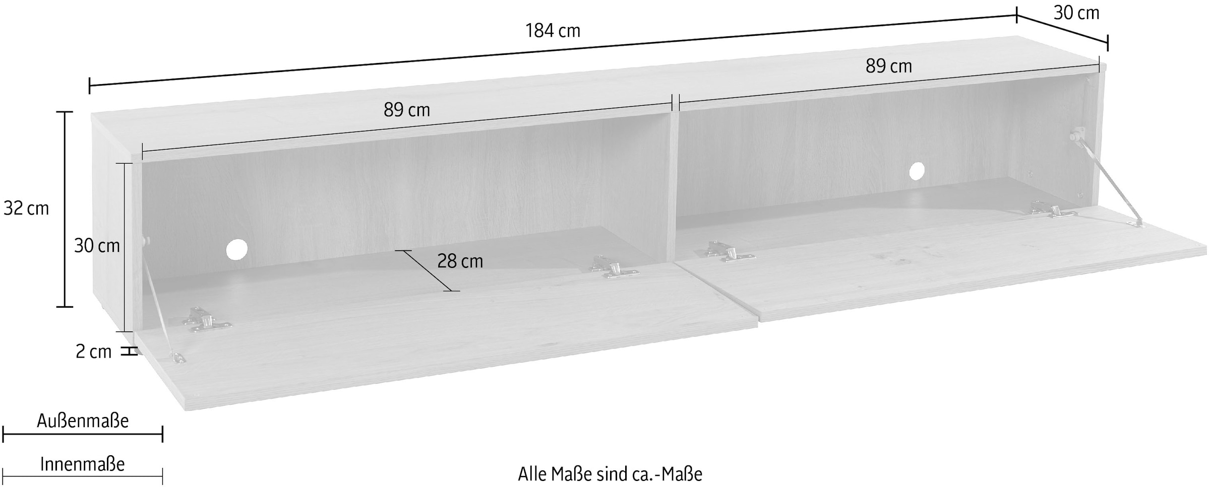 VOGL Möbelfabrik Lowboard »1237«, Breite 184 cm, hängend und stehend, Front Eiche furniert