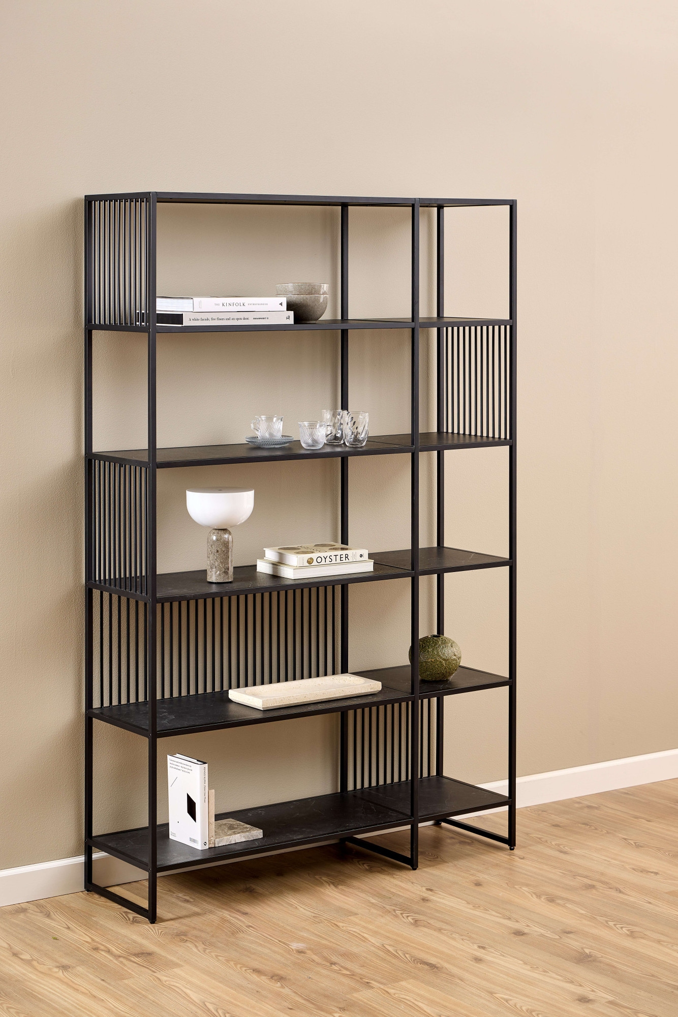 ACTONA GROUP Bücherregal »Strington, Regal, Raumteiler, Standregal« (B/T/H: 120/35/185 cm),  schwarzer Stahlrahmen, 5 Regale, Marmoroptik, FSC™